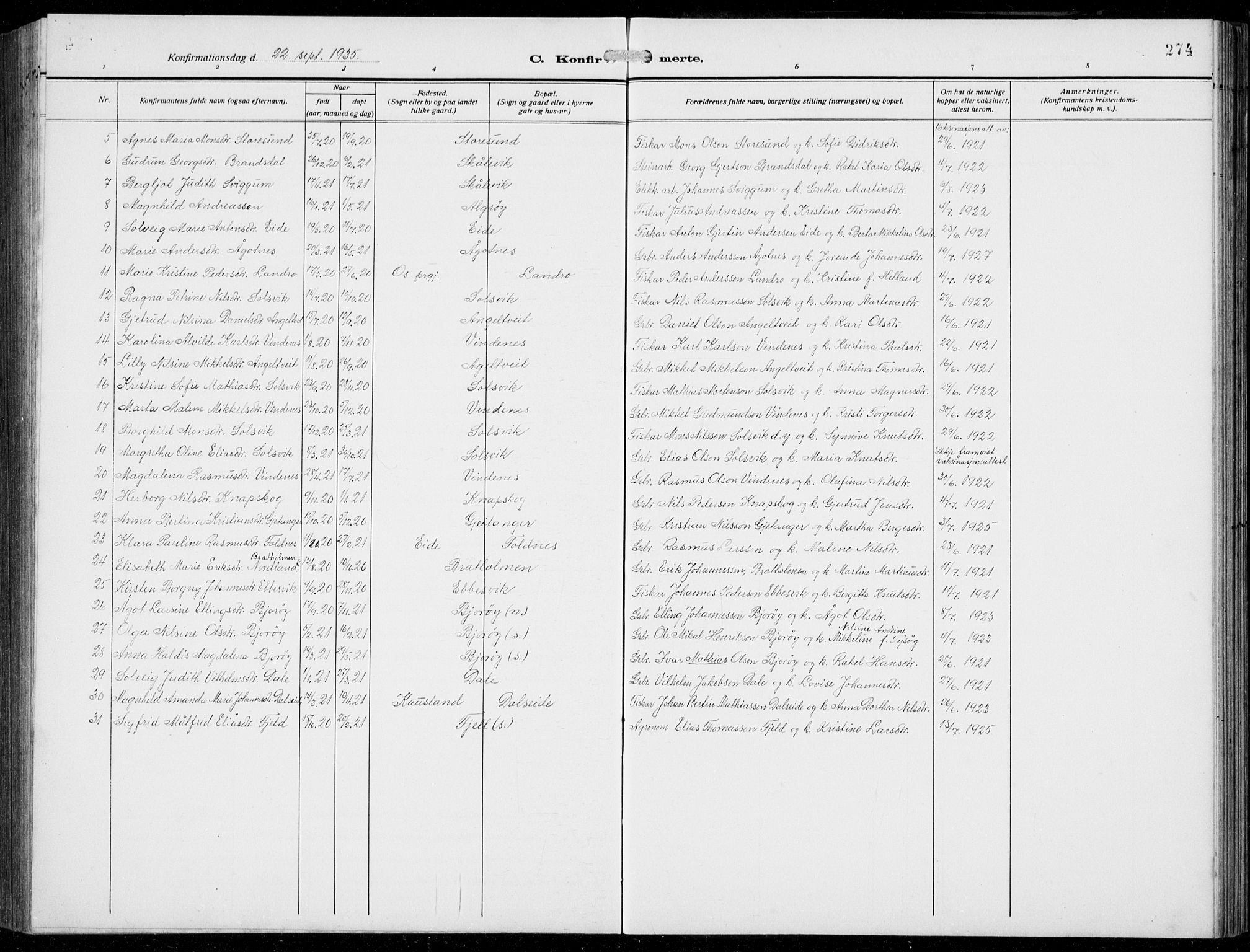 Fjell sokneprestembete, AV/SAB-A-75301/H/Hab: Parish register (copy) no. A  6, 1918-1936, p. 274