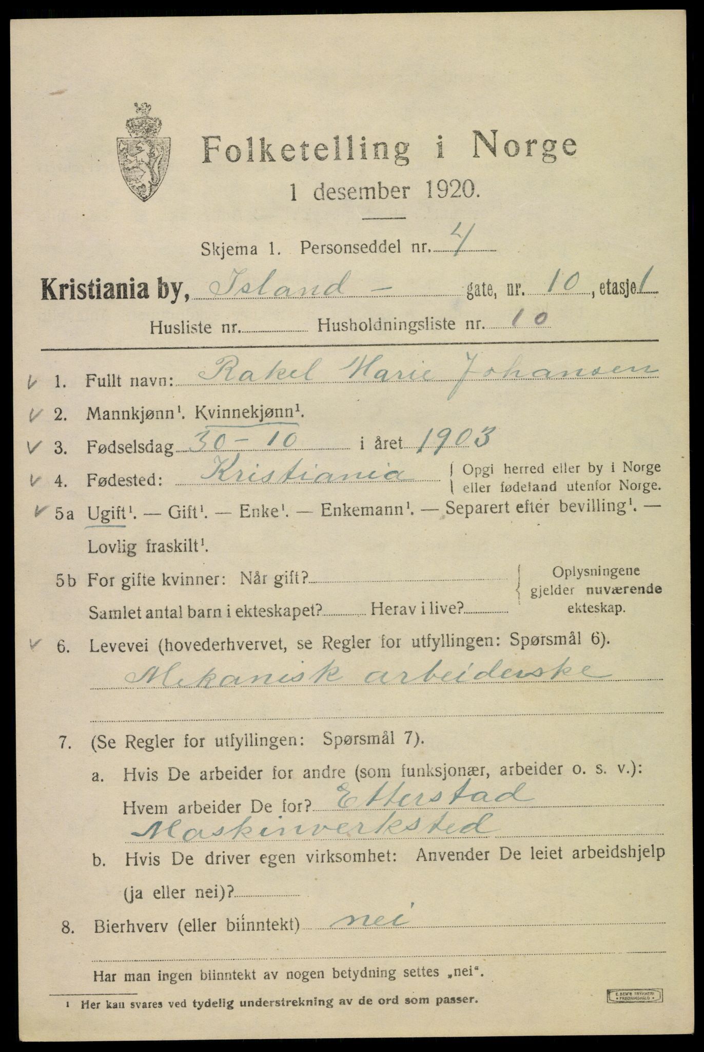 SAO, 1920 census for Kristiania, 1920, p. 312501