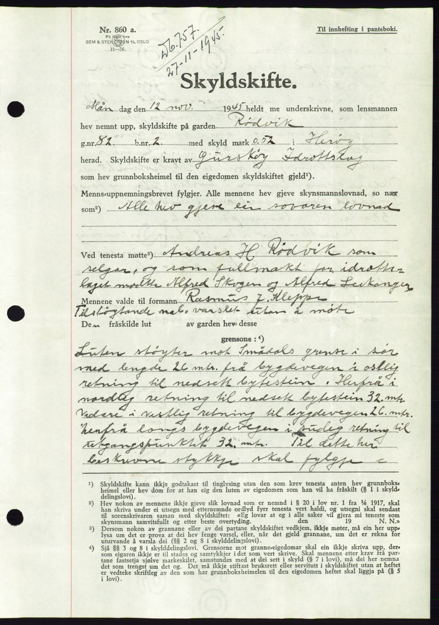 Søre Sunnmøre sorenskriveri, AV/SAT-A-4122/1/2/2C/L0077: Mortgage book no. 3A, 1945-1946, Diary no: : 757/1945