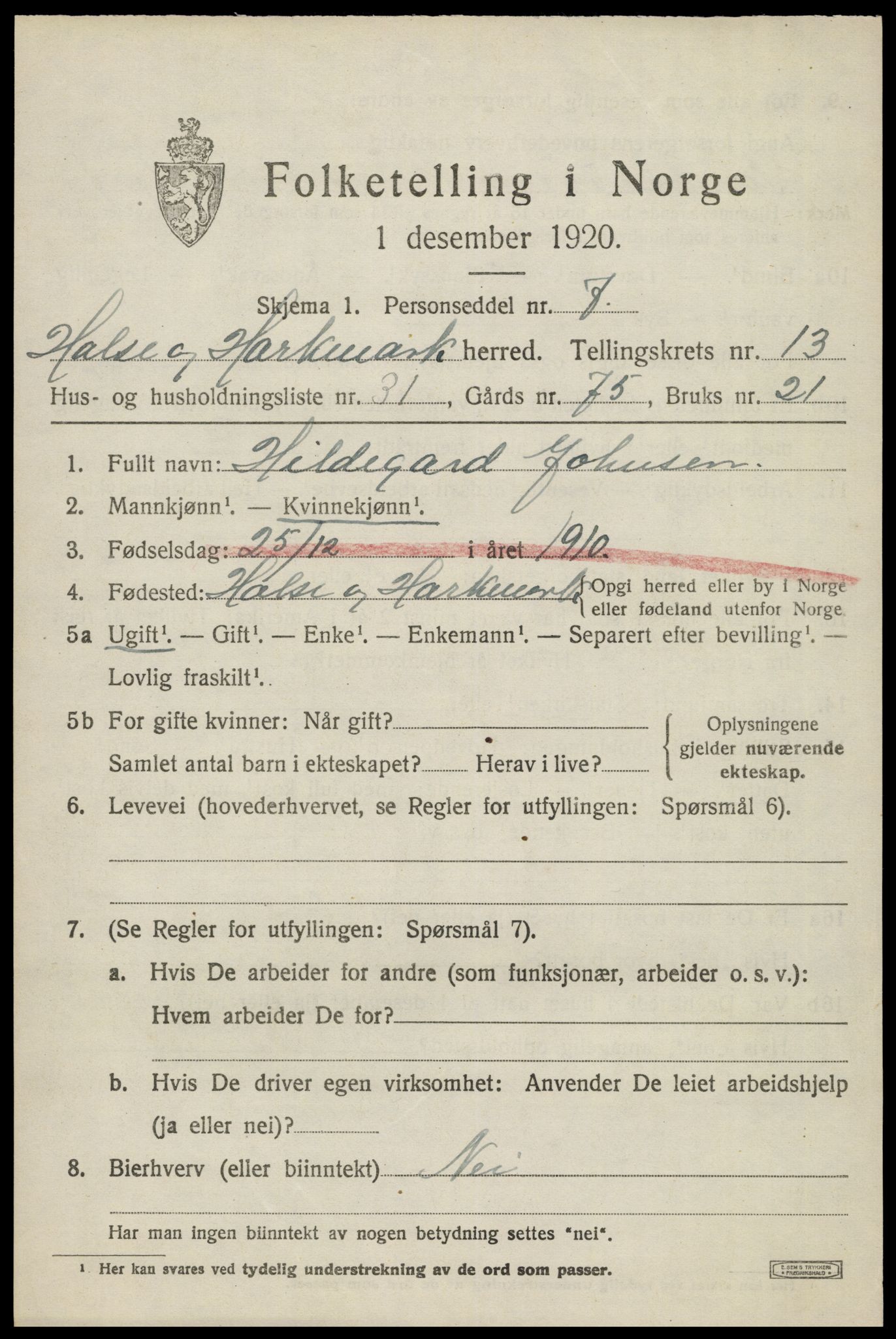SAK, 1920 census for Halse og Harkmark, 1920, p. 7285
