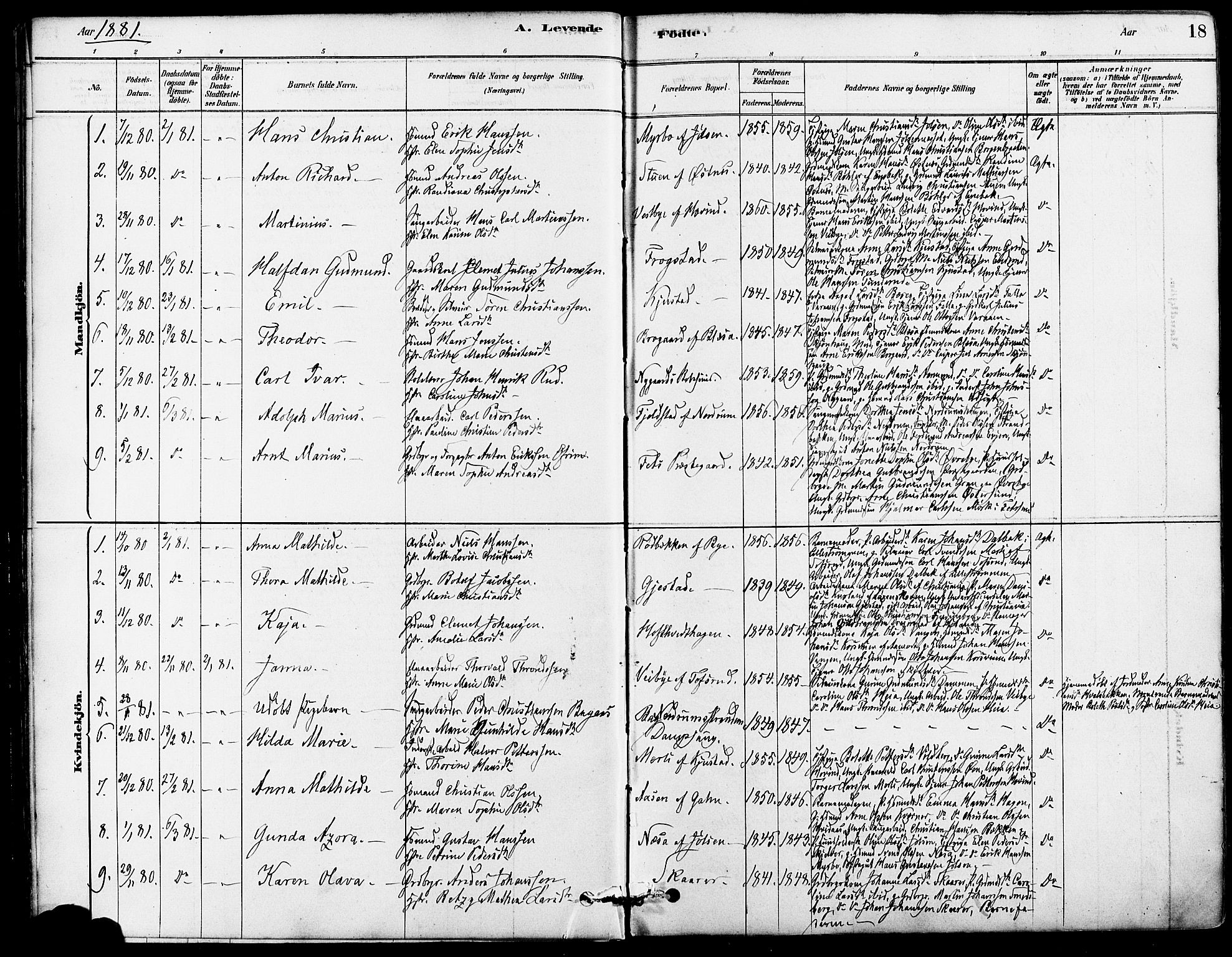 Fet prestekontor Kirkebøker, SAO/A-10370a/F/Fa/L0014: Parish register (official) no. I 14, 1878-1891, p. 18