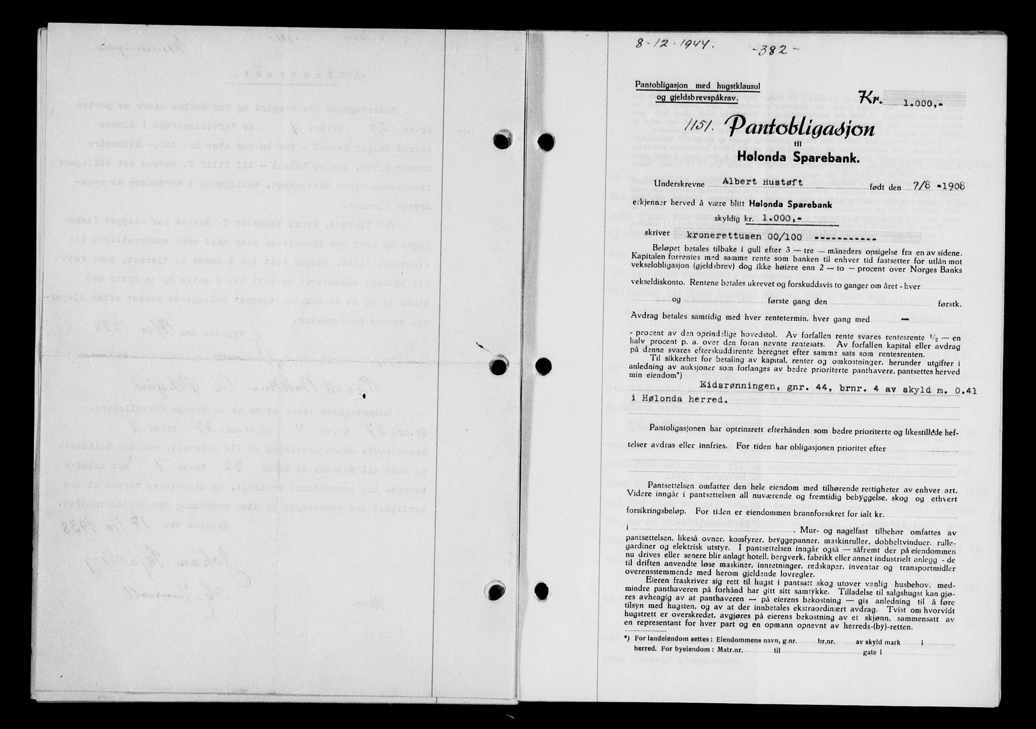 Gauldal sorenskriveri, SAT/A-0014/1/2/2C/L0058: Mortgage book no. 63, 1944-1945, Diary no: : 1151/1944