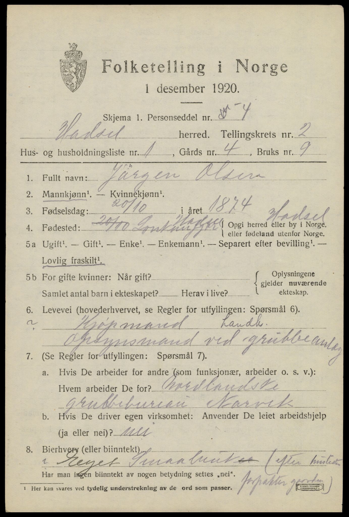 SAT, 1920 census for Hadsel, 1920, p. 3972