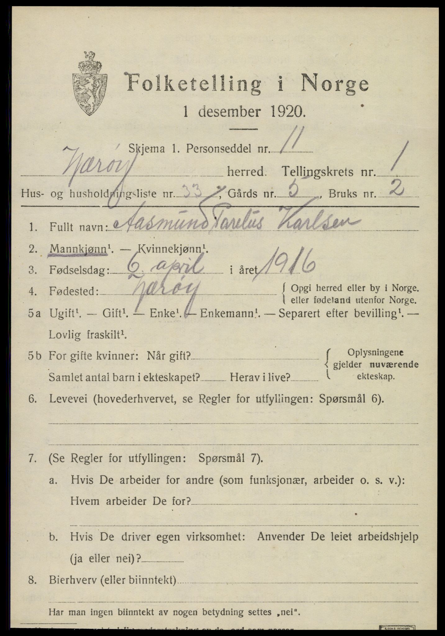 SAT, 1920 census for Nærøy, 1920, p. 1275