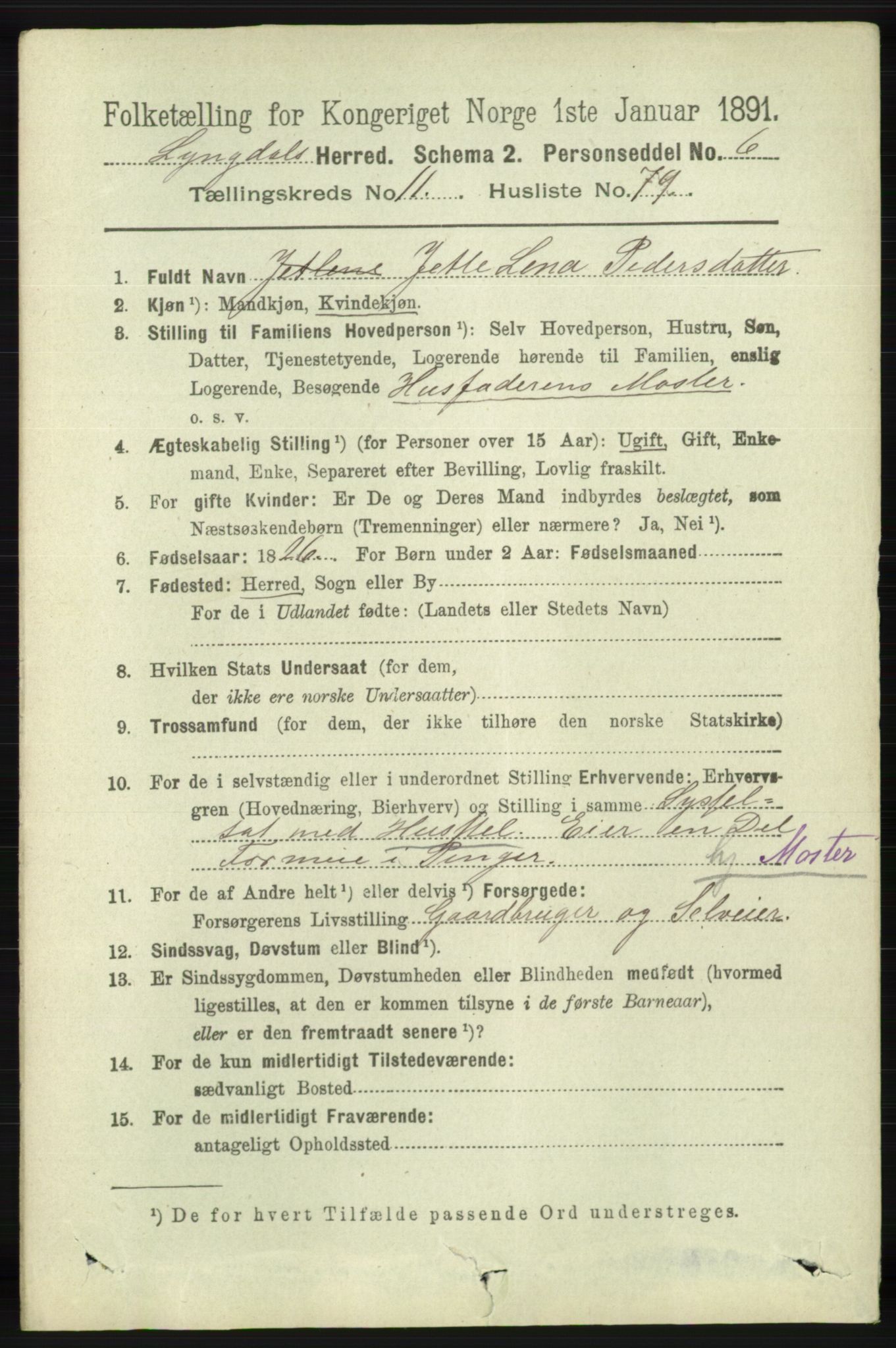 RA, 1891 census for 1032 Lyngdal, 1891, p. 5184