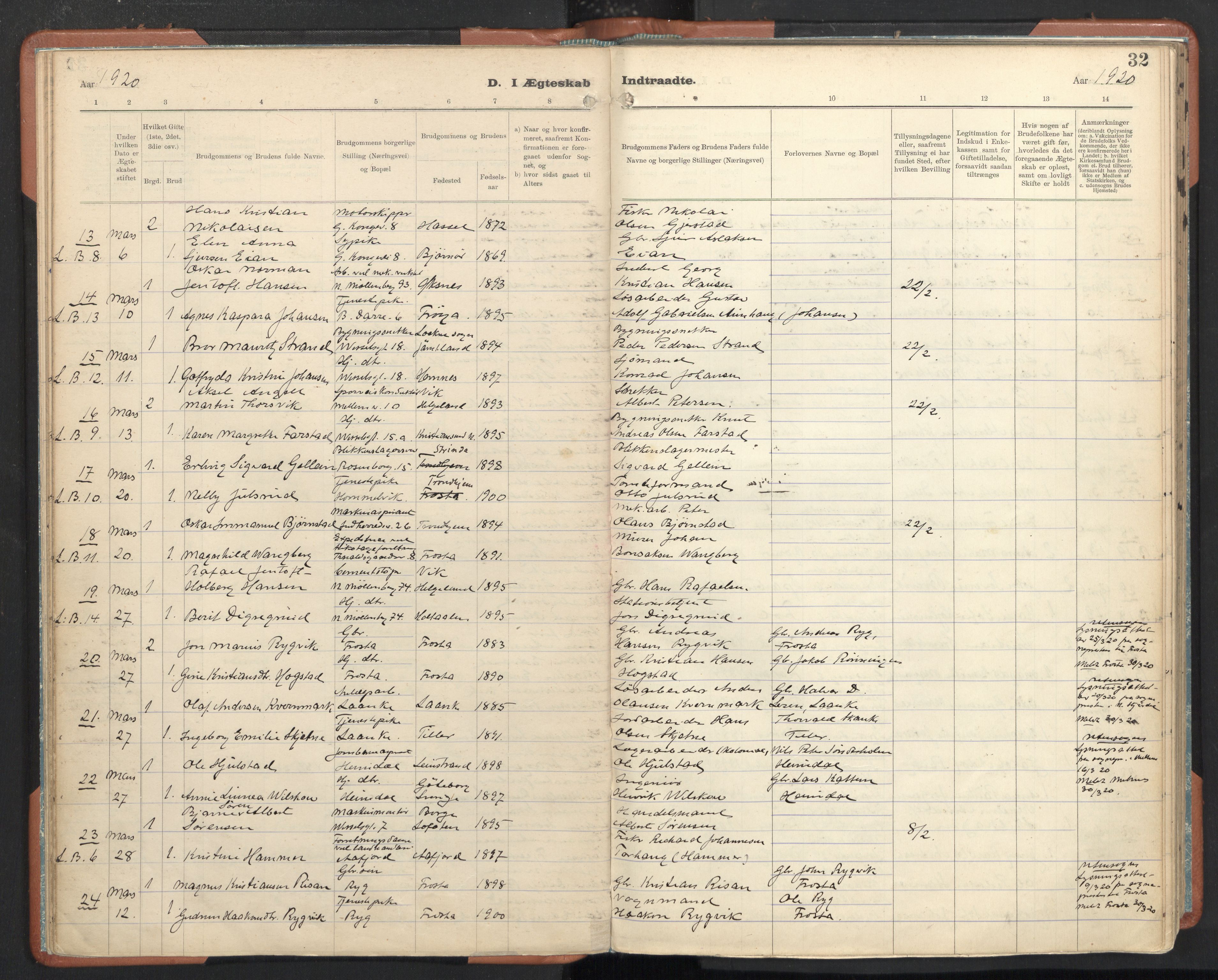 Ministerialprotokoller, klokkerbøker og fødselsregistre - Sør-Trøndelag, SAT/A-1456/605/L0245: Parish register (official) no. 605A07, 1916-1938, p. 32