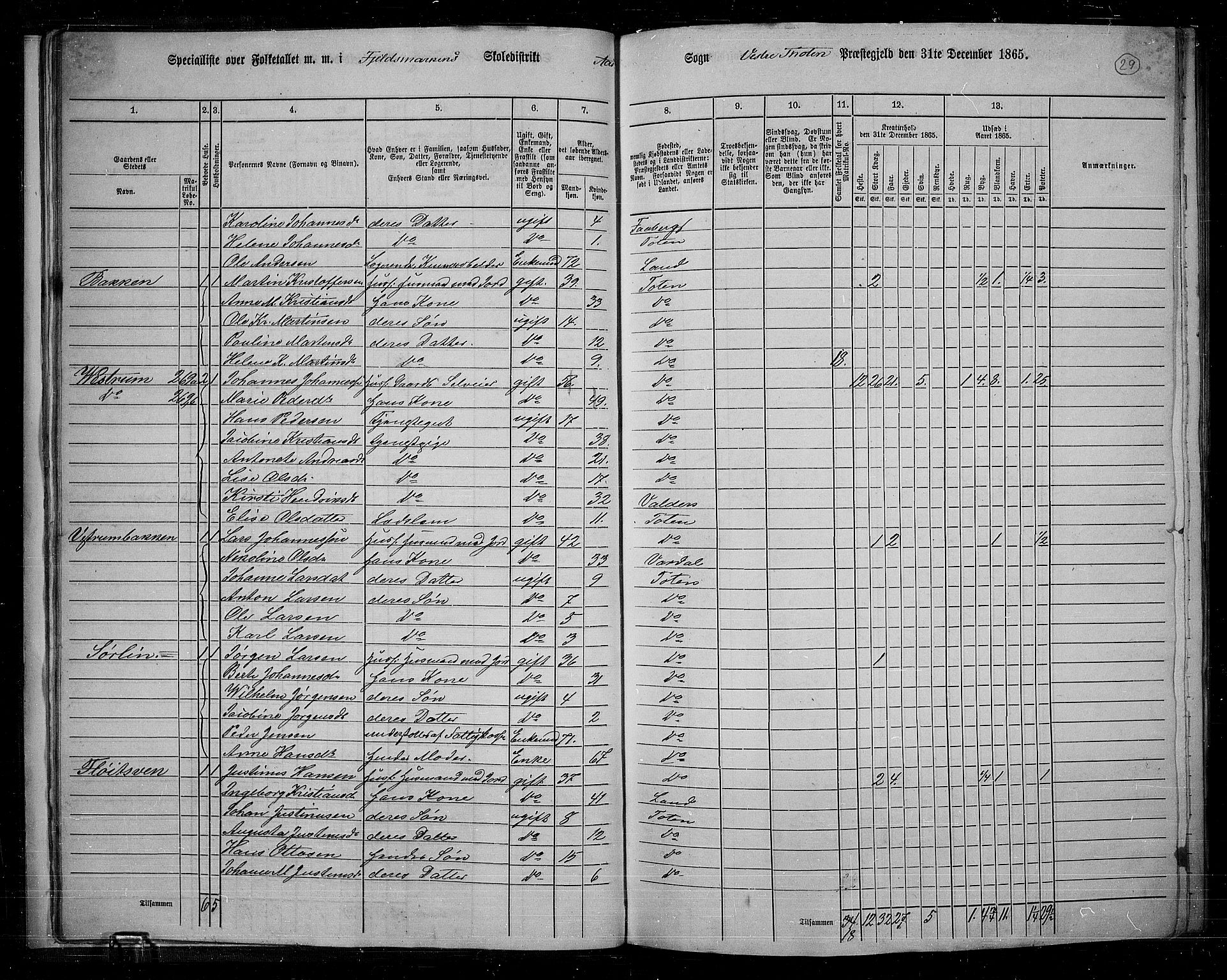 RA, 1865 census for Vestre Toten, 1865, p. 30