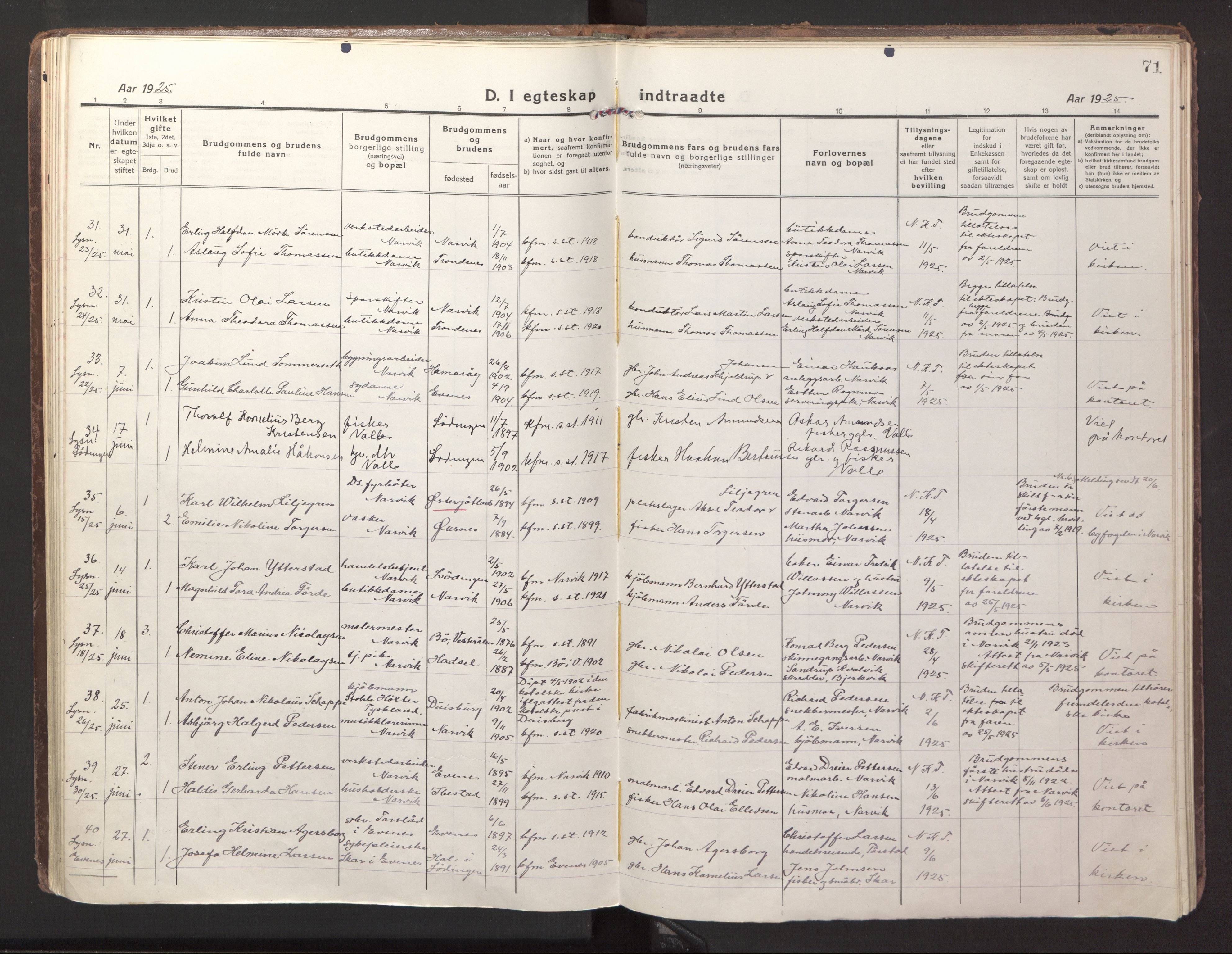 Ministerialprotokoller, klokkerbøker og fødselsregistre - Nordland, AV/SAT-A-1459/871/L1002: Parish register (official) no. 871A18, 1917-1926, p. 71