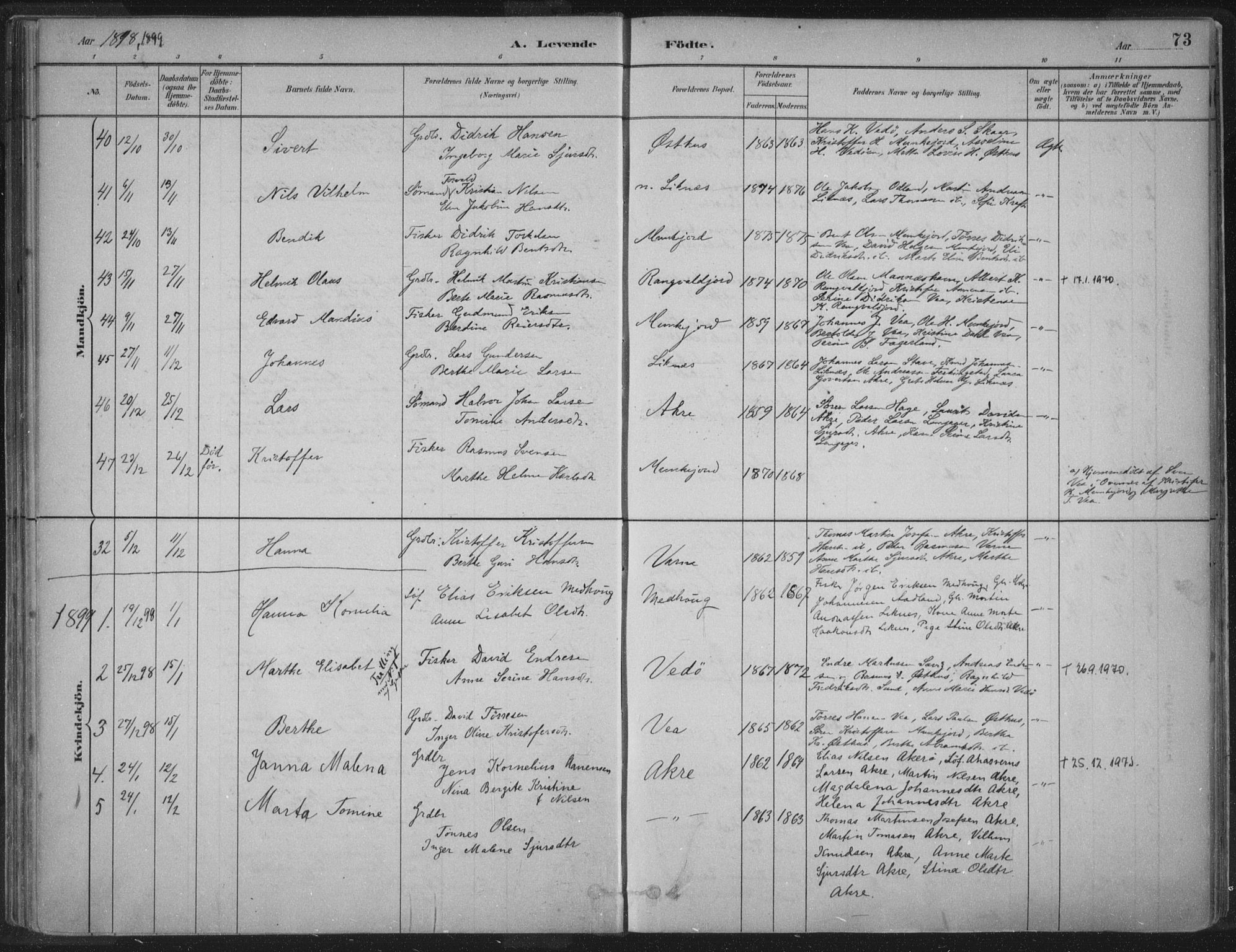 Kopervik sokneprestkontor, SAST/A-101850/H/Ha/Haa/L0004: Parish register (official) no. A 4, 1882-1905, p. 73