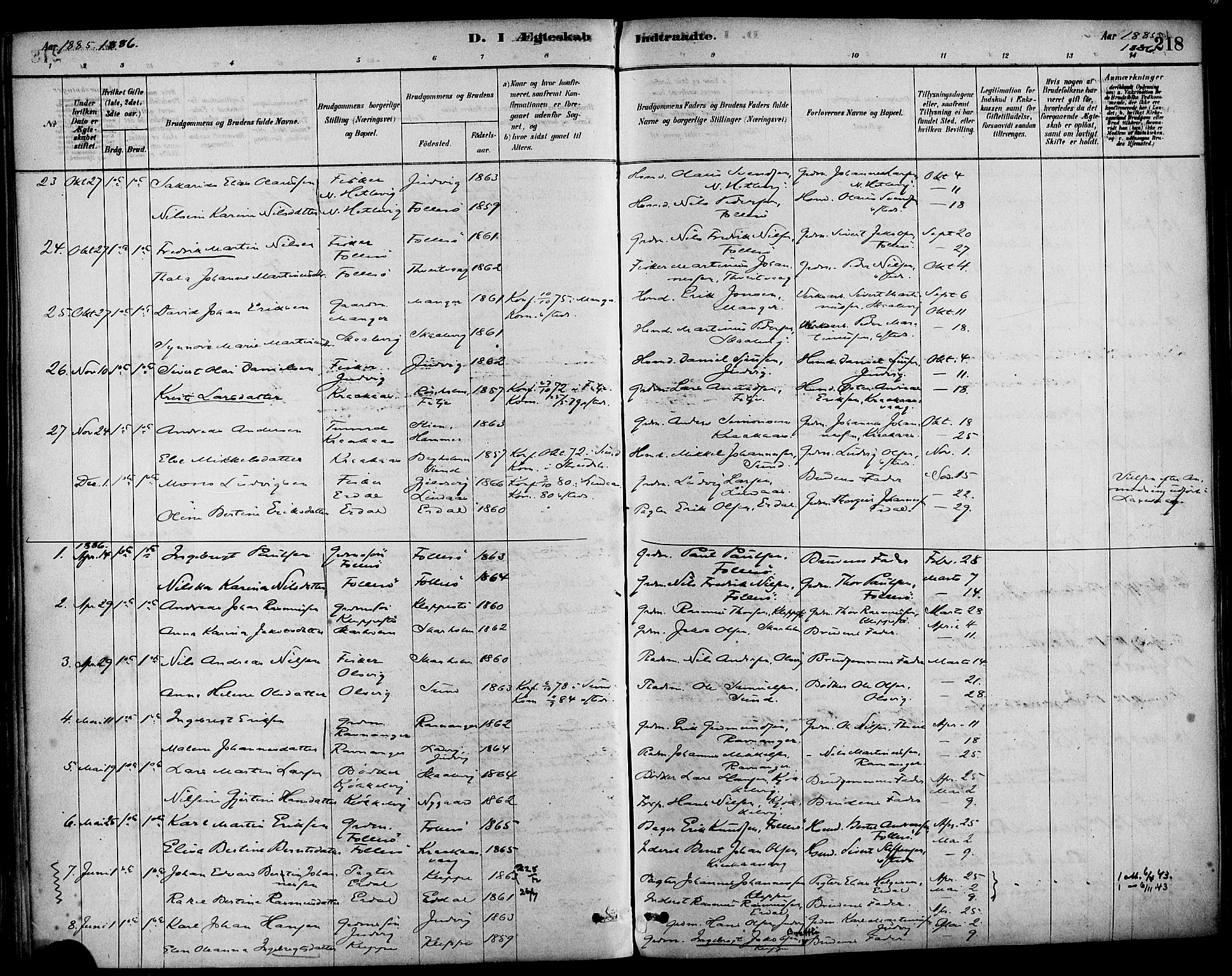 Askøy Sokneprestembete, AV/SAB-A-74101/H/Ha/Haa/Haab/L0001: Parish register (official) no. B 1, 1878-1889, p. 218