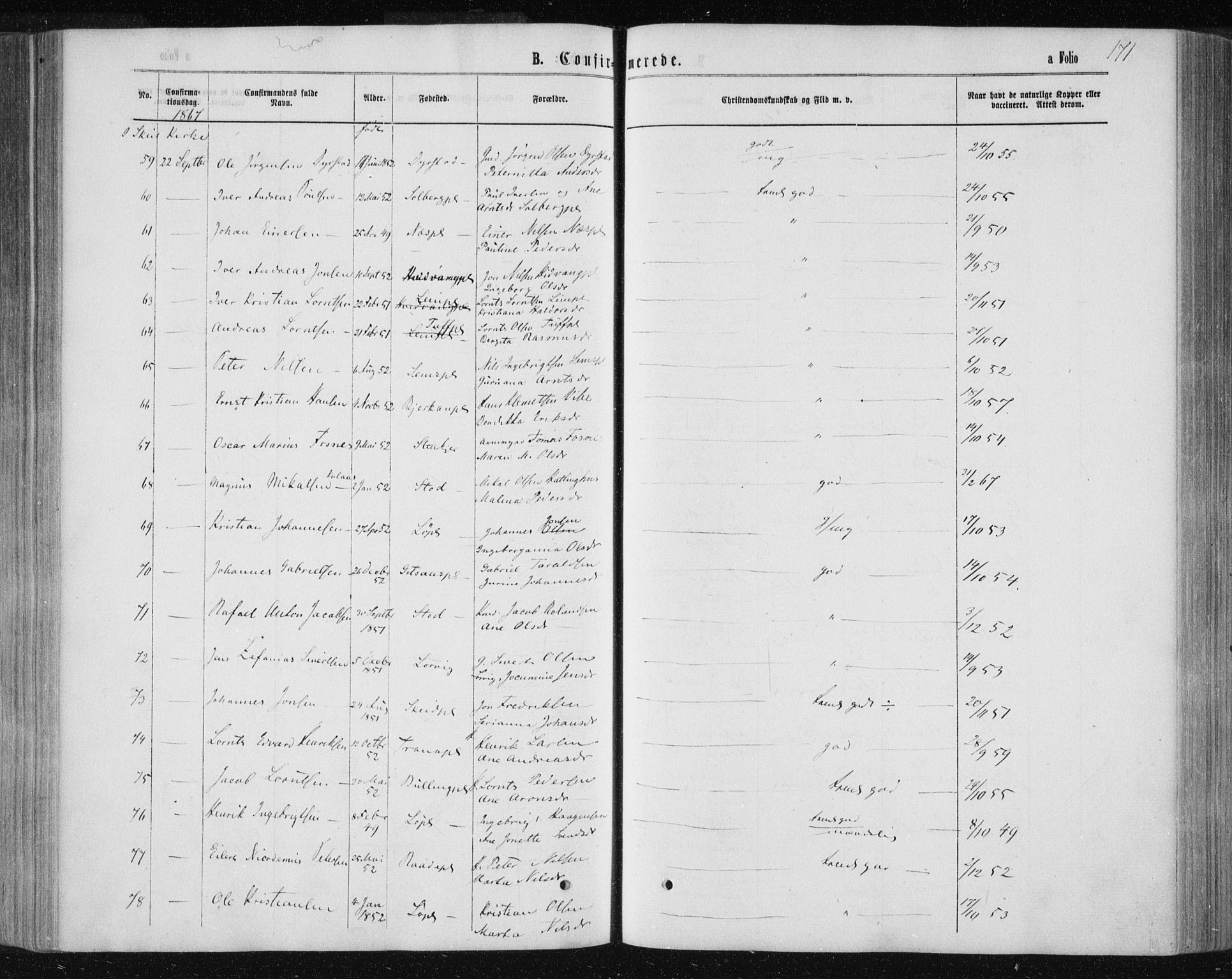 Ministerialprotokoller, klokkerbøker og fødselsregistre - Nord-Trøndelag, AV/SAT-A-1458/735/L0345: Parish register (official) no. 735A08 /1, 1863-1872, p. 171