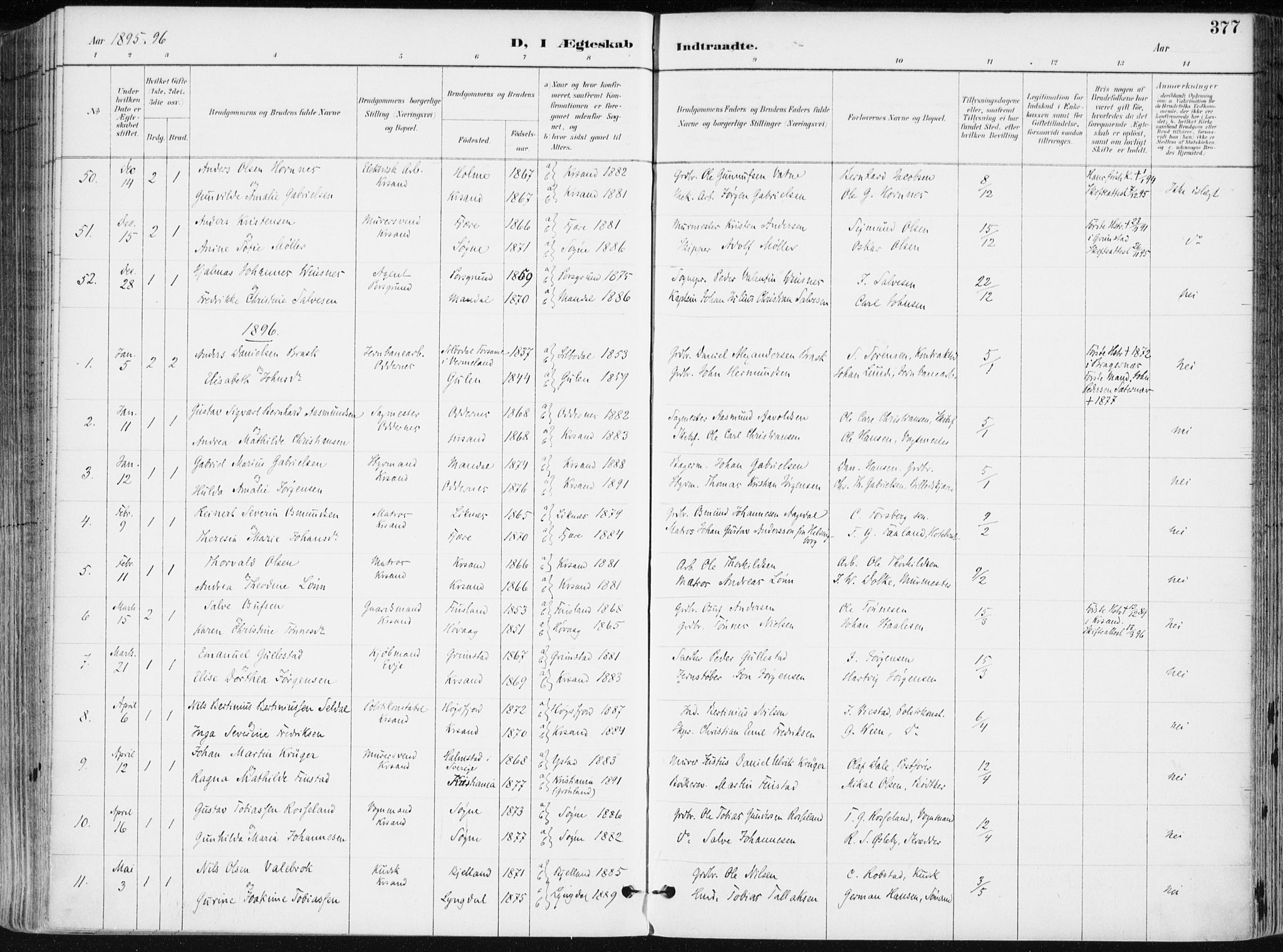 Kristiansand domprosti, AV/SAK-1112-0006/F/Fa/L0019: Parish register (official) no. A 18, 1890-1897, p. 377