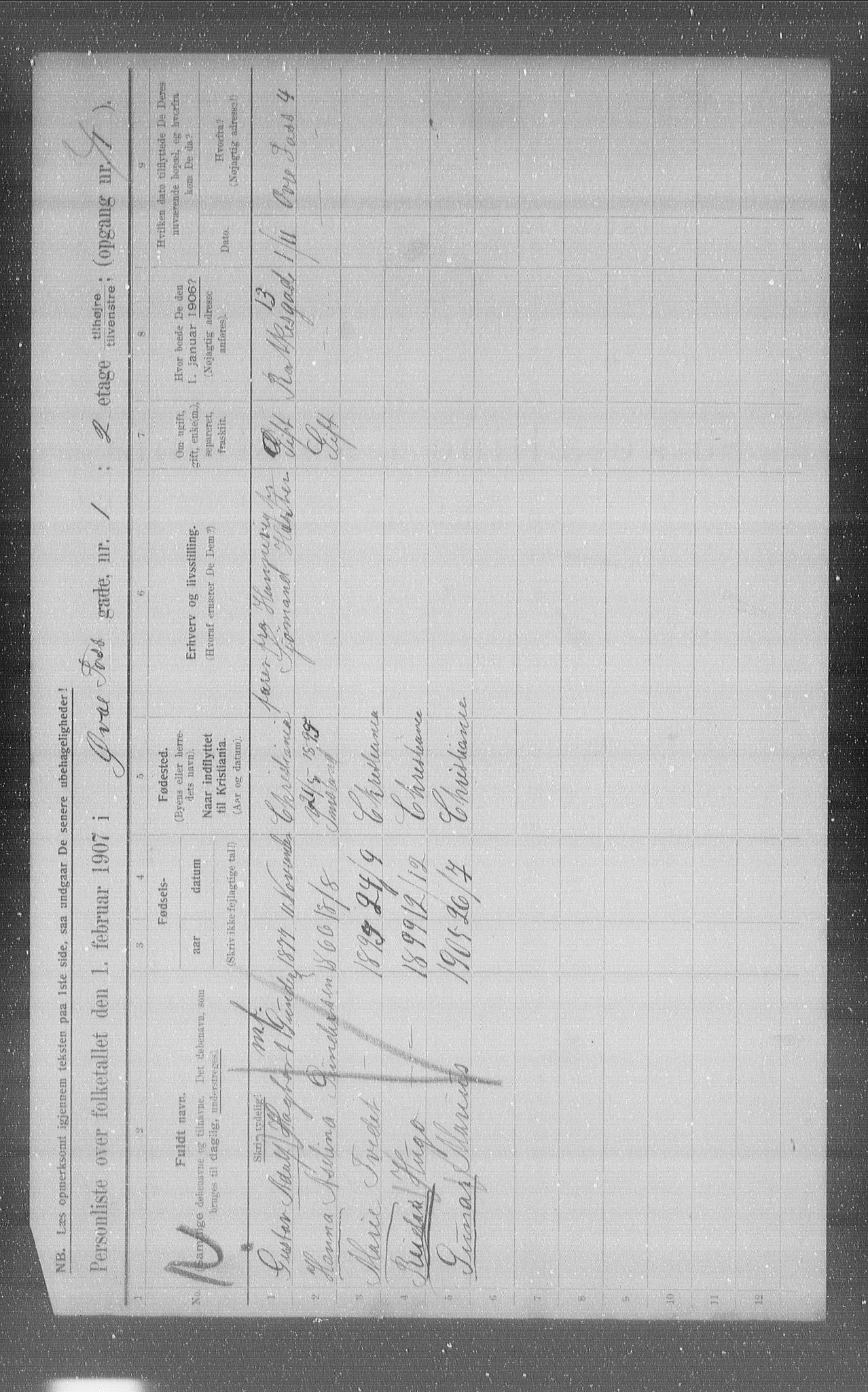 OBA, Municipal Census 1907 for Kristiania, 1907, p. 66107