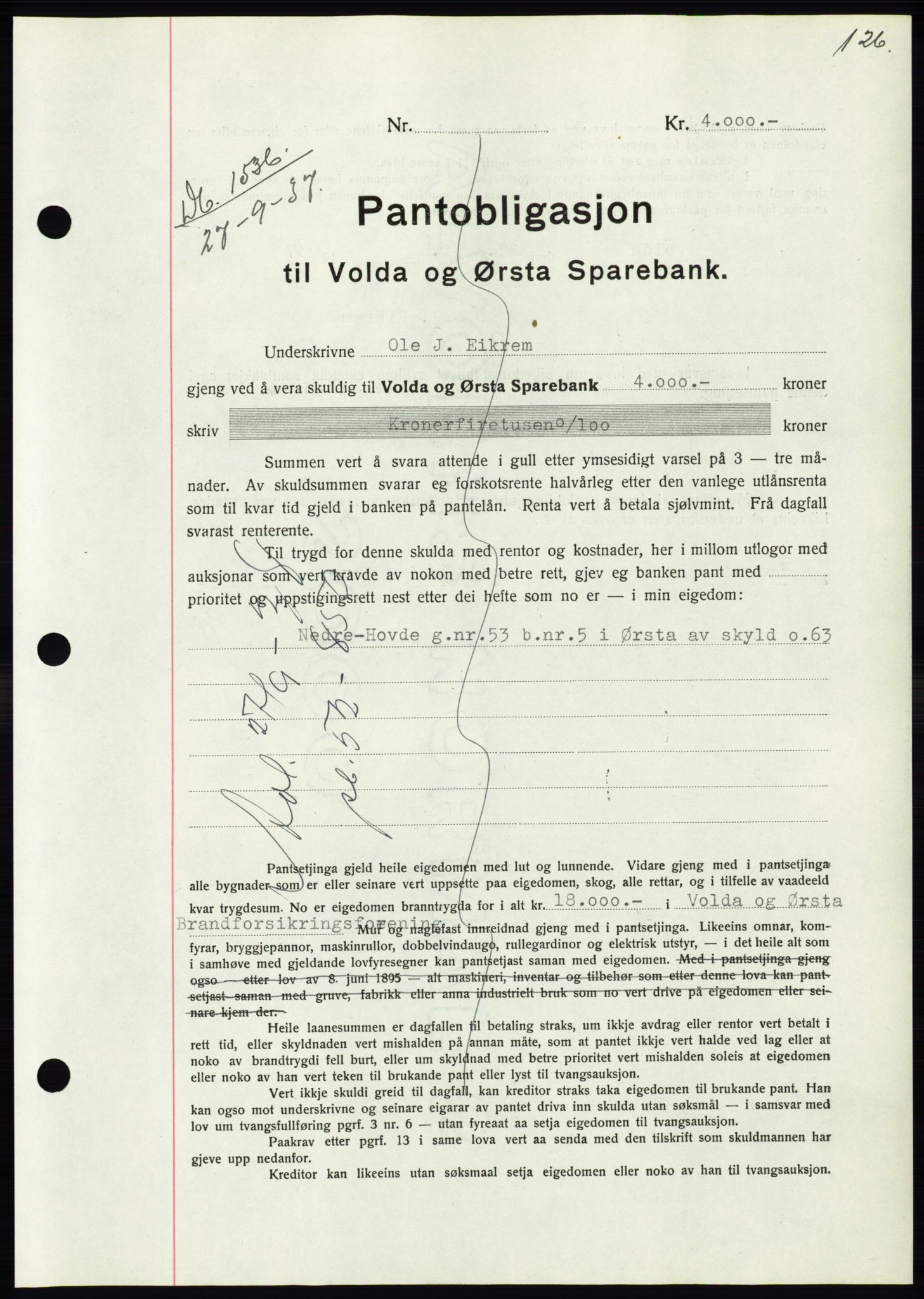 Søre Sunnmøre sorenskriveri, AV/SAT-A-4122/1/2/2C/L0064: Mortgage book no. 58, 1937-1938, Diary no: : 1536/1937