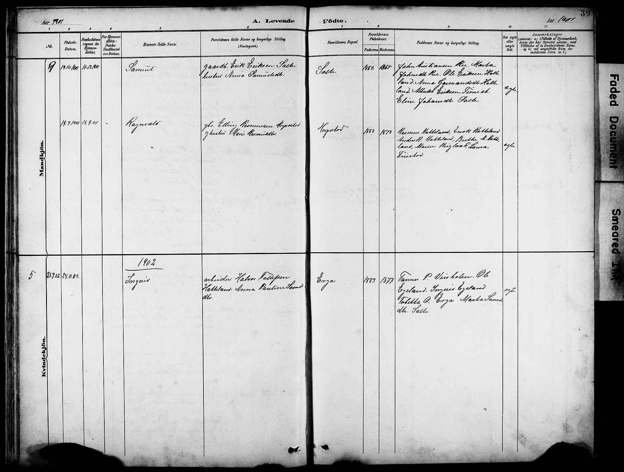 Klepp sokneprestkontor, AV/SAST-A-101803/001/3/30BB/L0005: Parish register (copy) no. B 5, 1889-1918, p. 39