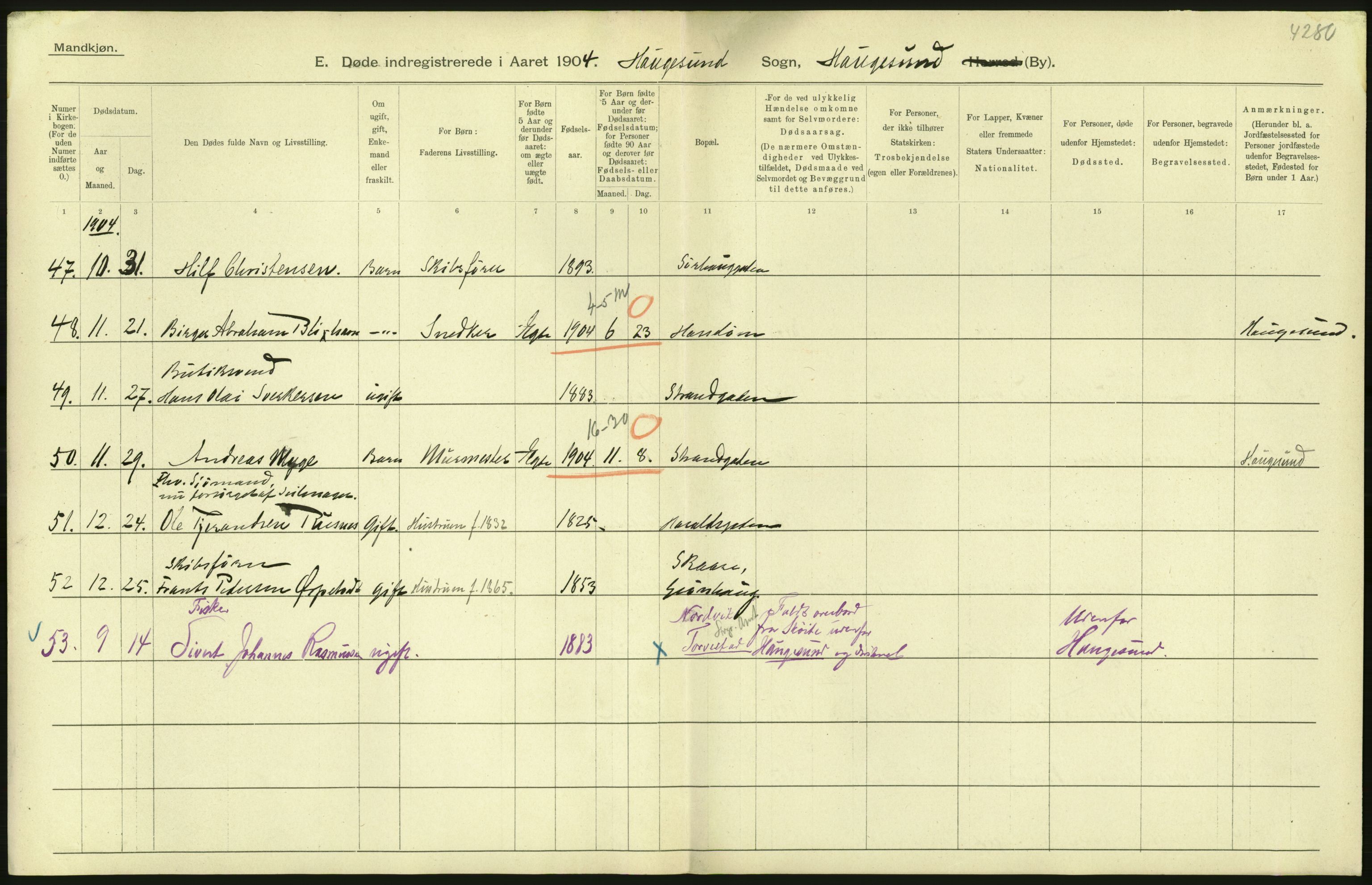 Statistisk sentralbyrå, Sosiodemografiske emner, Befolkning, AV/RA-S-2228/D/Df/Dfa/Dfab/L0012: Stavanger amt: Fødte, gifte, døde, 1904, p. 328