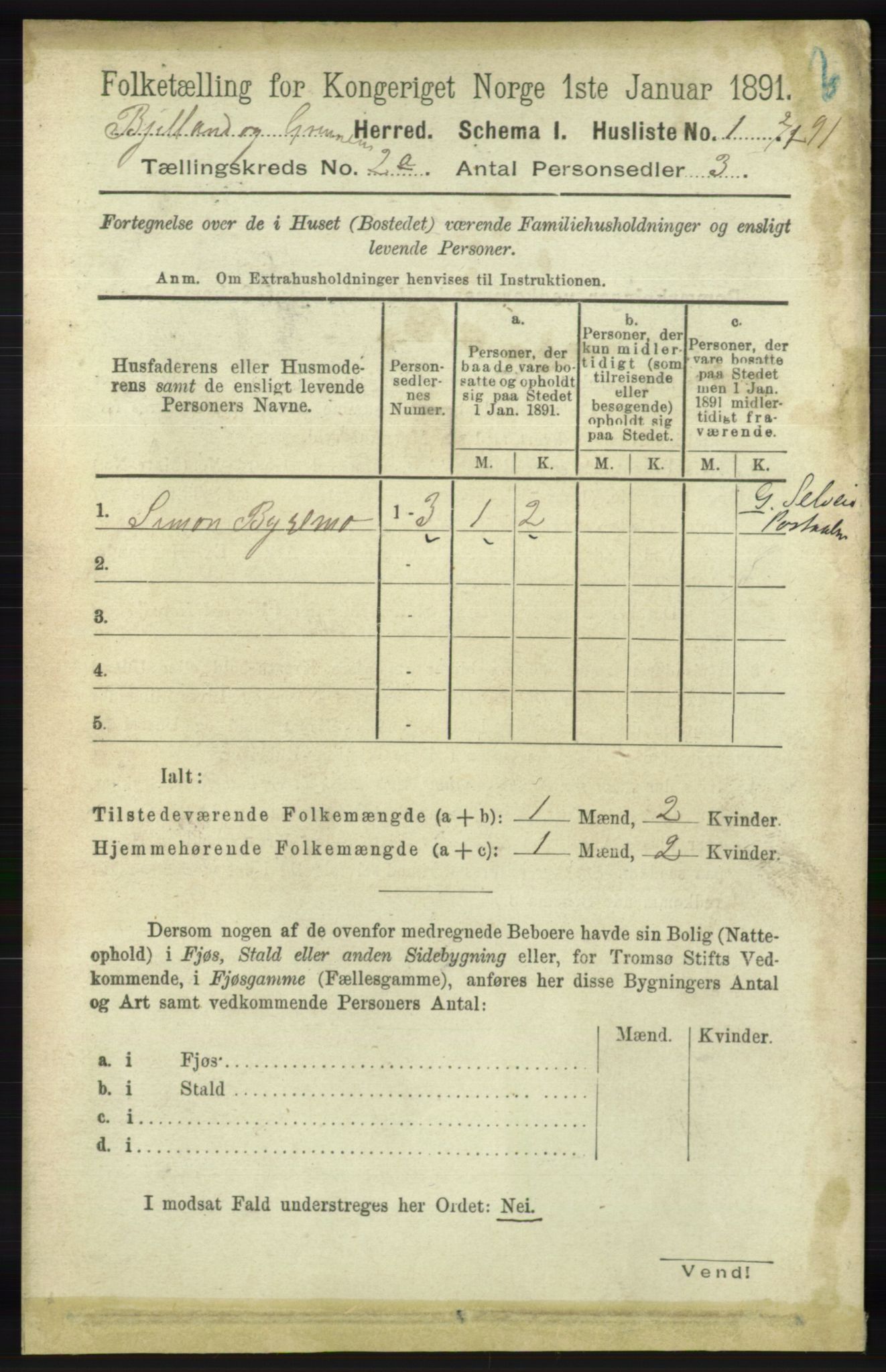 RA, 1891 census for 1024 Bjelland og Grindheim, 1891, p. 244