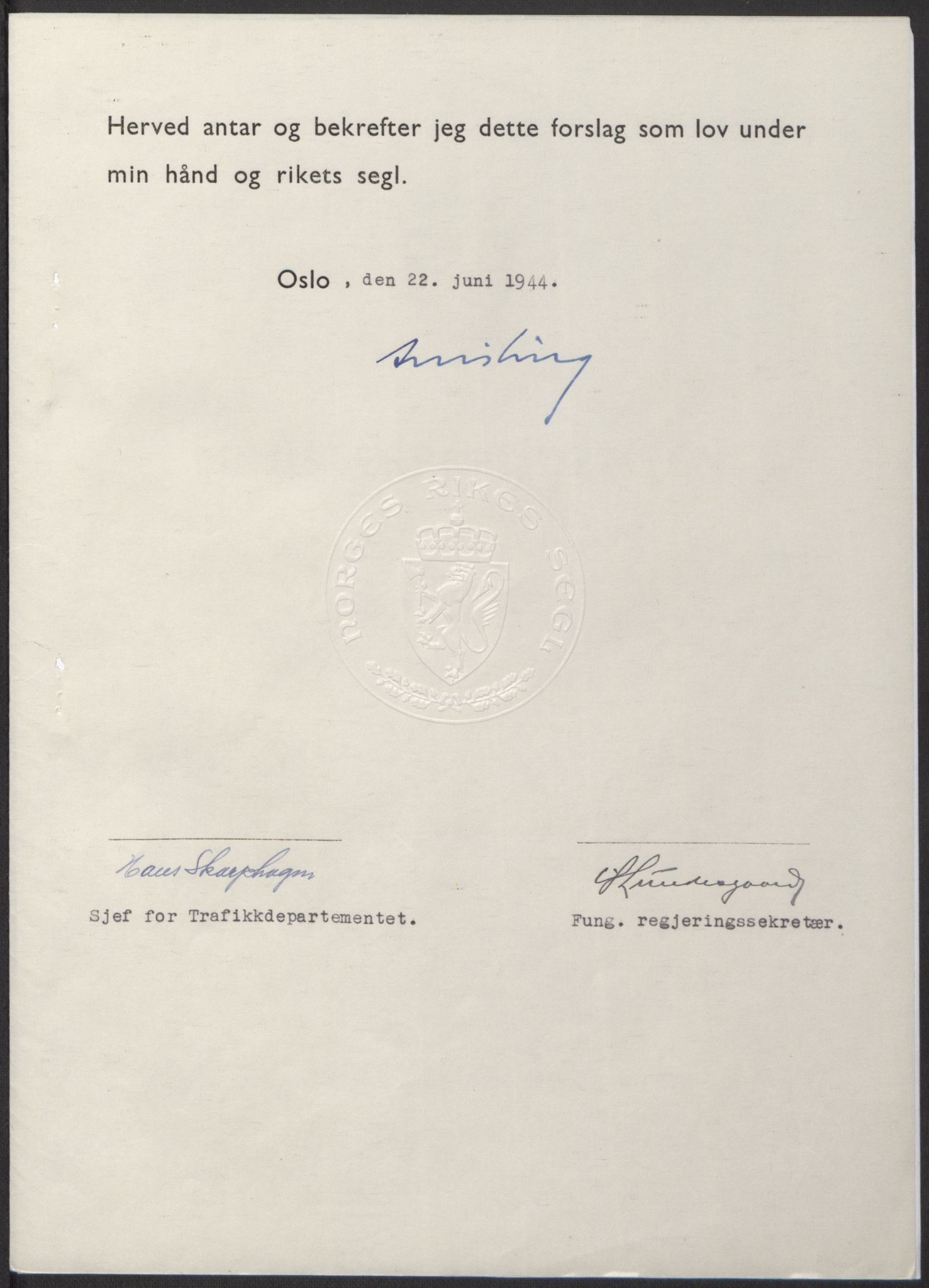 NS-administrasjonen 1940-1945 (Statsrådsekretariatet, de kommisariske statsråder mm), AV/RA-S-4279/D/Db/L0100: Lover, 1944, p. 298