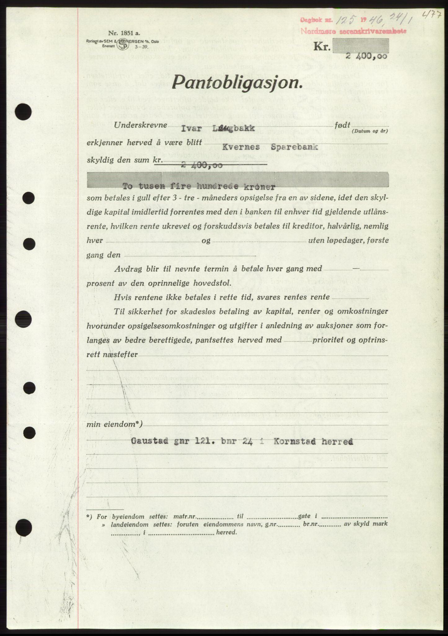 Nordmøre sorenskriveri, AV/SAT-A-4132/1/2/2Ca: Mortgage book no. B93b, 1946-1946, Diary no: : 125/1946