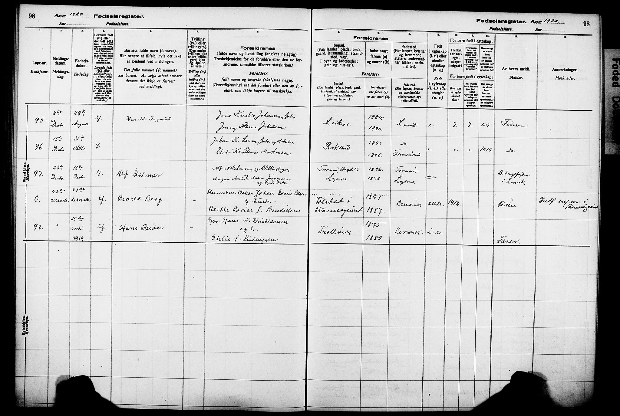 Lenvik sokneprestembete, SATØ/S-1310/I/Ic/L0089: Birth register no. 89, 1916-1926, p. 98
