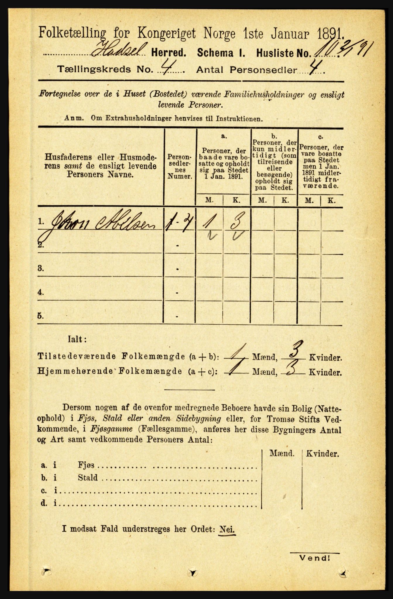 RA, 1891 census for 1866 Hadsel, 1891, p. 1664