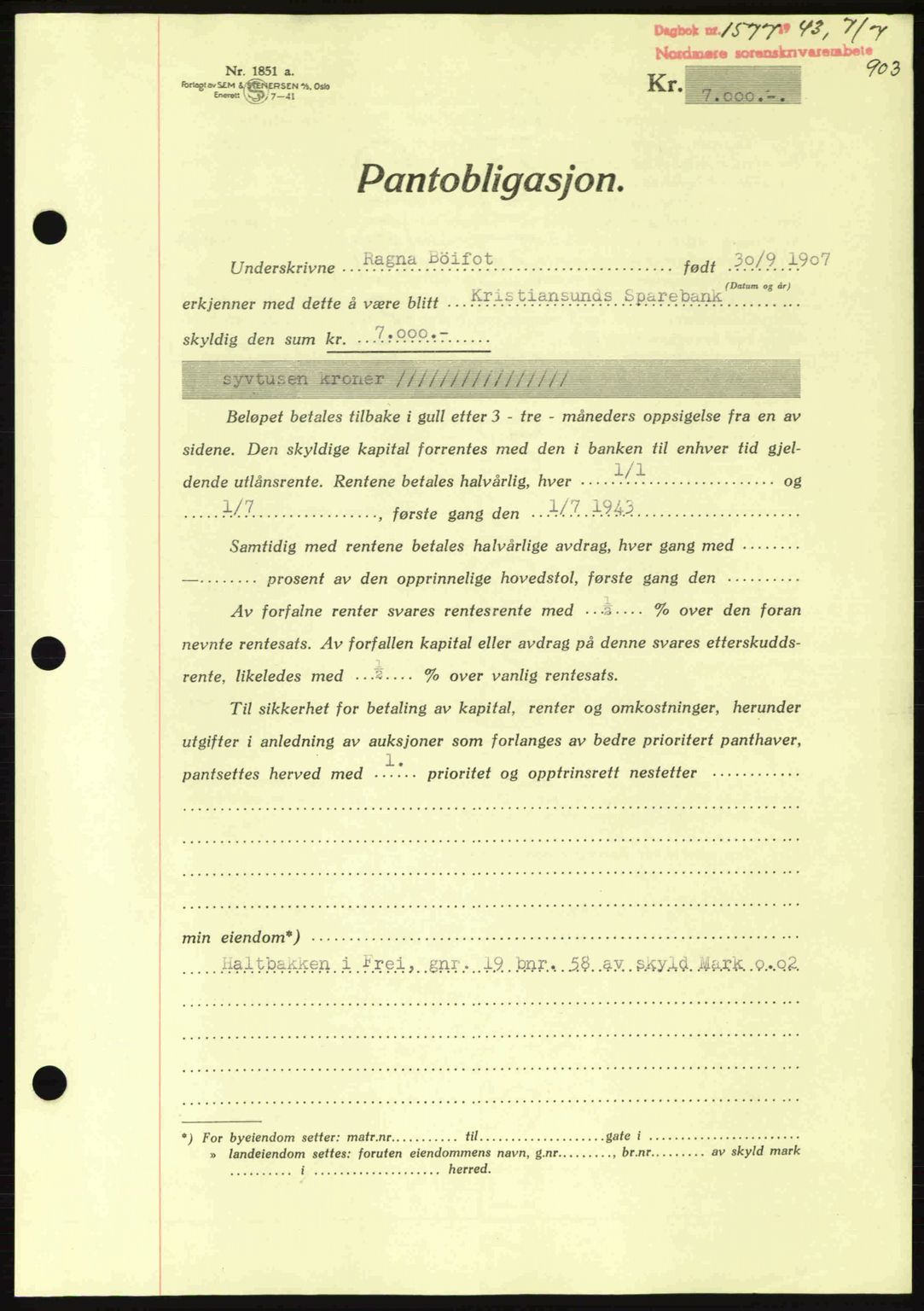 Nordmøre sorenskriveri, AV/SAT-A-4132/1/2/2Ca: Mortgage book no. B90, 1942-1943, Diary no: : 1577/1943