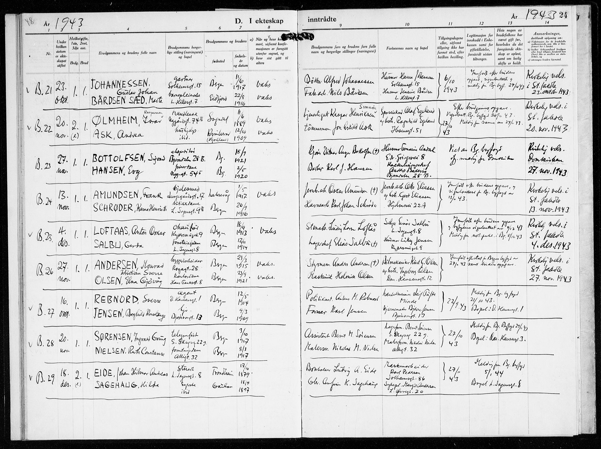 St. Jacob sokneprestembete, AV/SAB-A-78001/H/Haa/L0023: Parish register (official) no. G 1, 1942-1945, p. 24