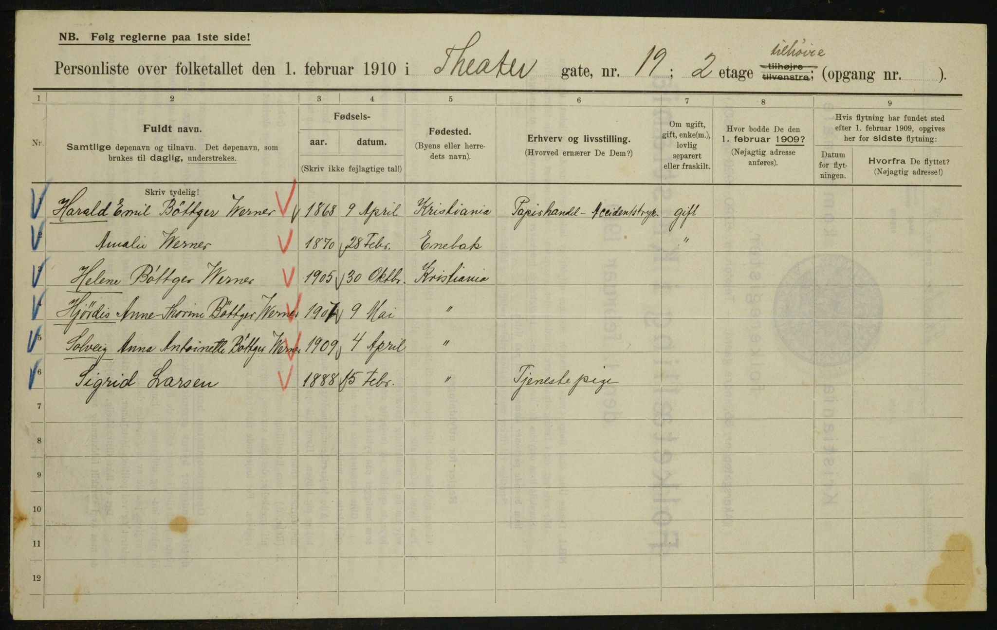 OBA, Municipal Census 1910 for Kristiania, 1910, p. 101910