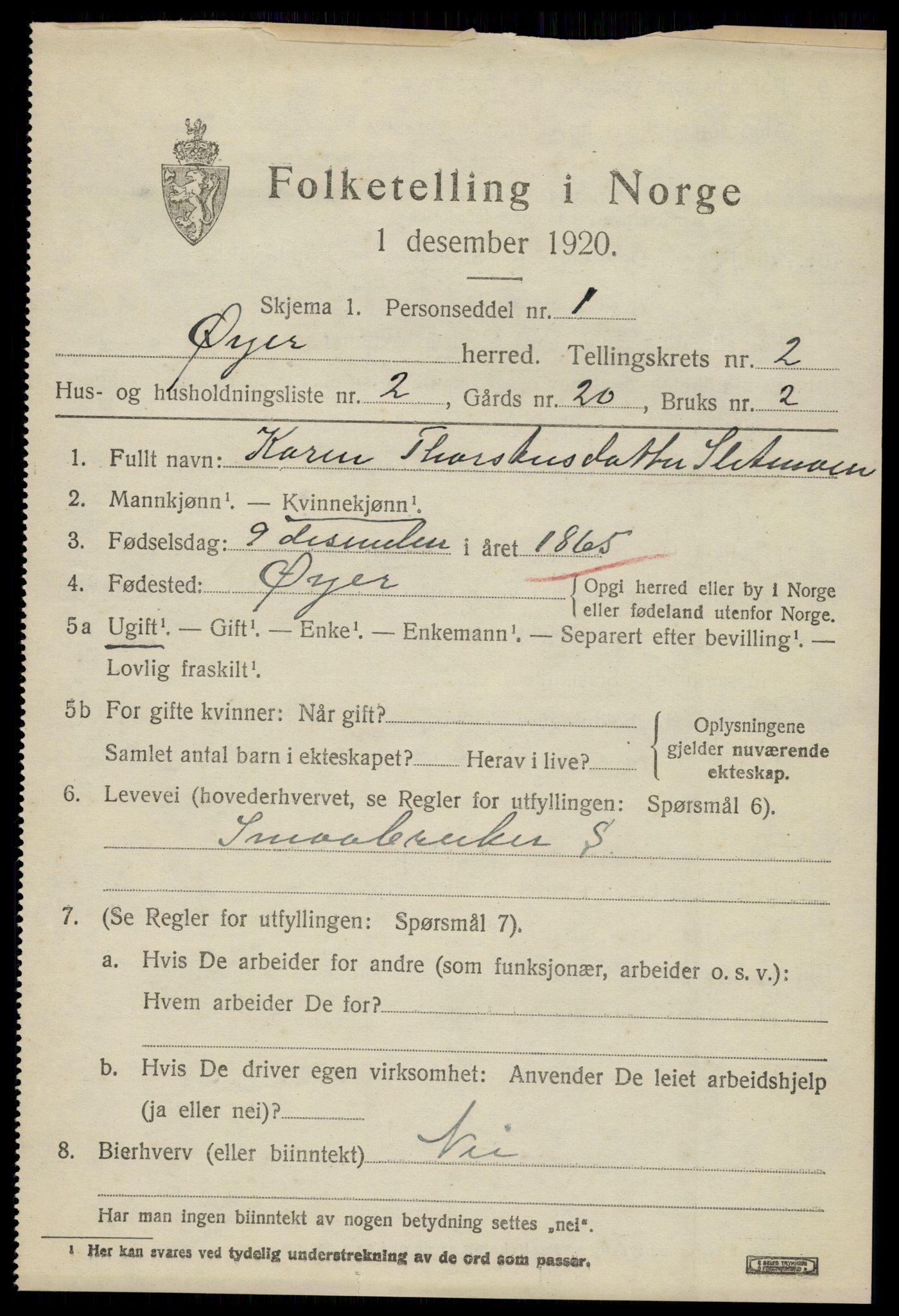 SAH, 1920 census for Øyer, 1920, p. 2143