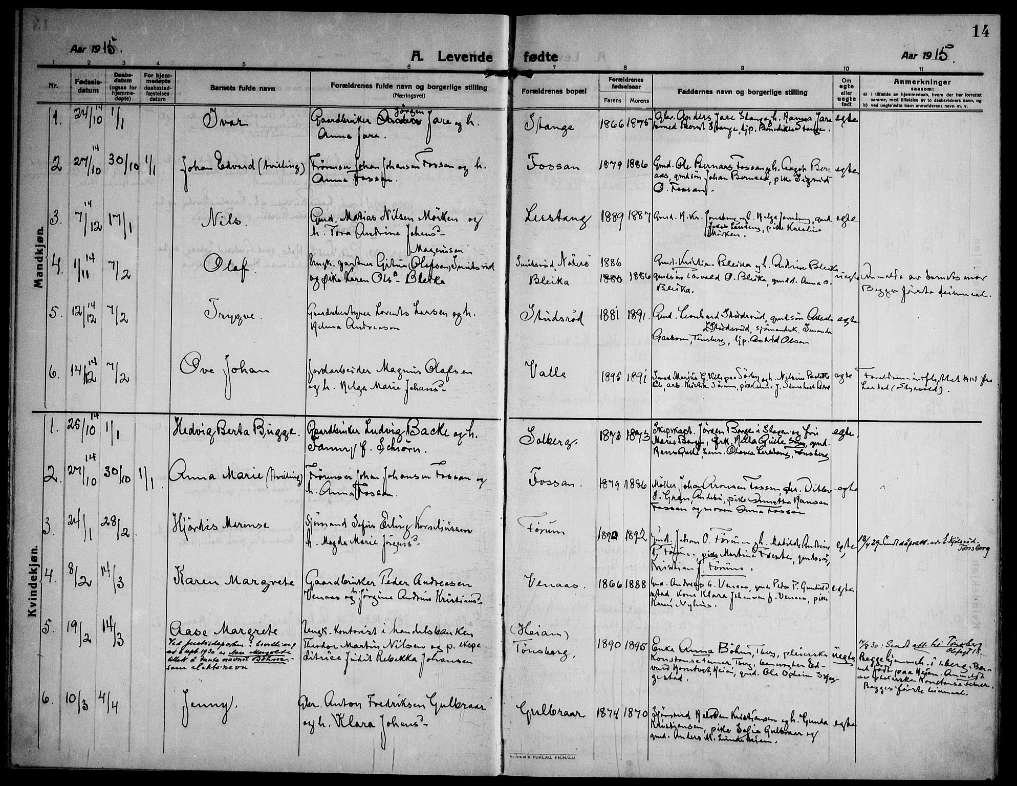 Ramnes kirkebøker, SAKO/A-314/F/Fa/L0009: Parish register (official) no. I 9, 1912-1929, p. 14
