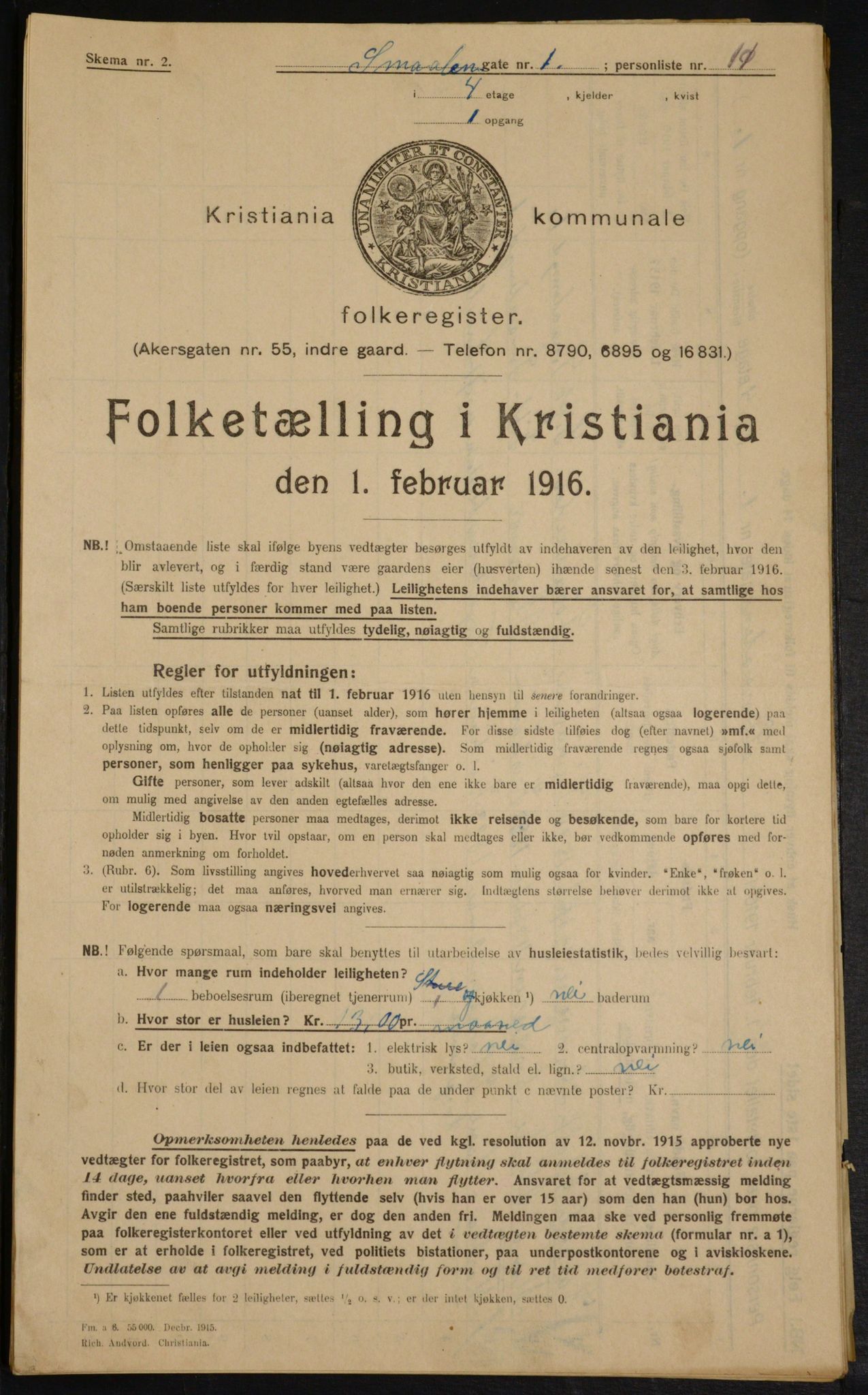 OBA, Municipal Census 1916 for Kristiania, 1916, p. 100165