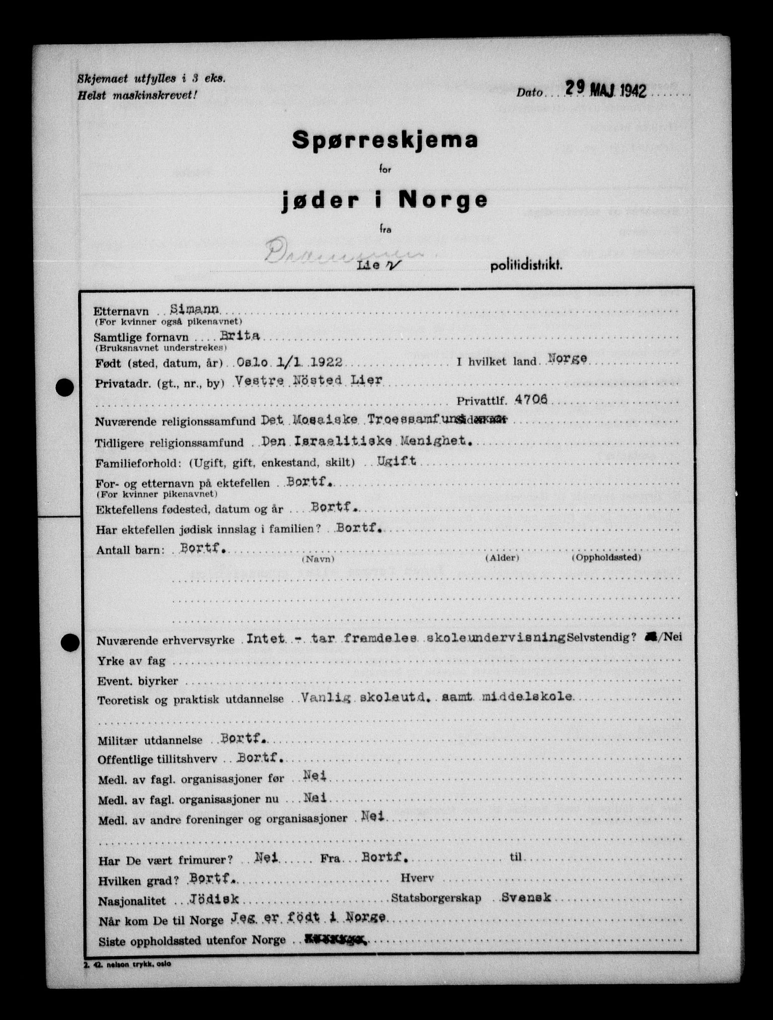 Statspolitiet - Hovedkontoret / Osloavdelingen, AV/RA-S-1329/G/Ga/L0012: Spørreskjema for jøder i Norge. 1: Aker 114- 207 (Levinson-Wozak) og 656 (Salomon). 2: Arendal-Hordaland. 3: Horten-Romerike.  , 1942, p. 408