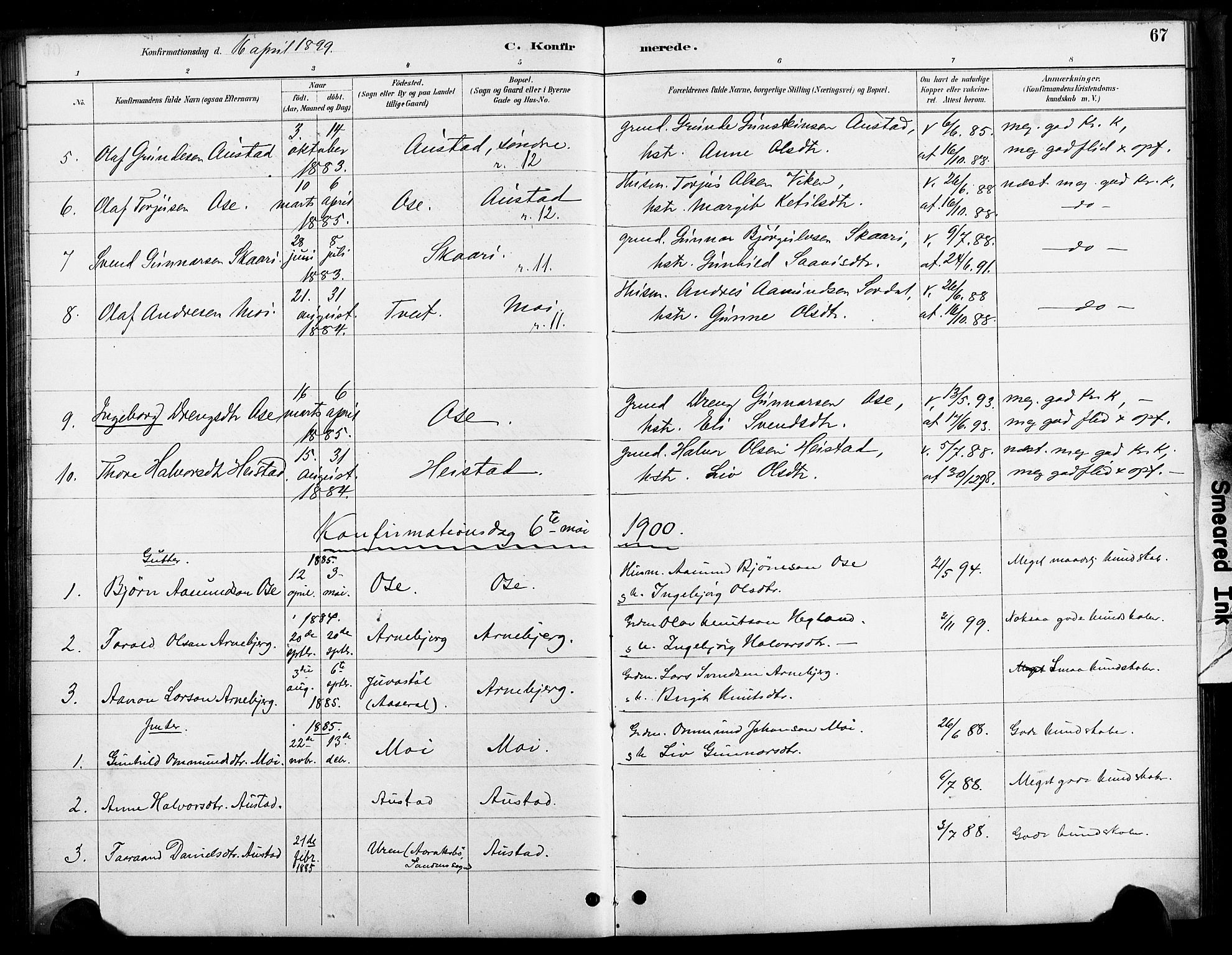 Bygland sokneprestkontor, AV/SAK-1111-0006/F/Fa/Faa/L0001: Parish register (official) no. A 1, 1885-1908, p. 67