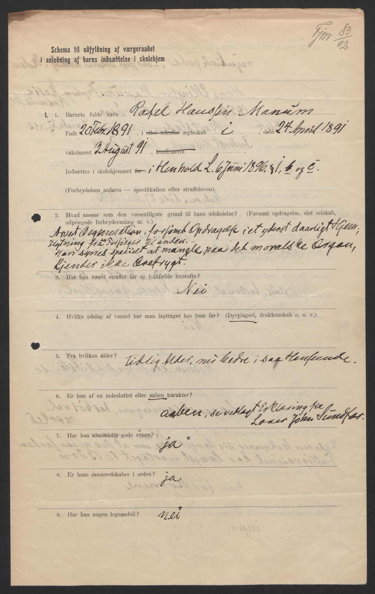 Falstad skolehjem, AV/RA-S-1676/E/Eb/L0004: Elevmapper løpenr. 81-98, 1901-1909, p. 129