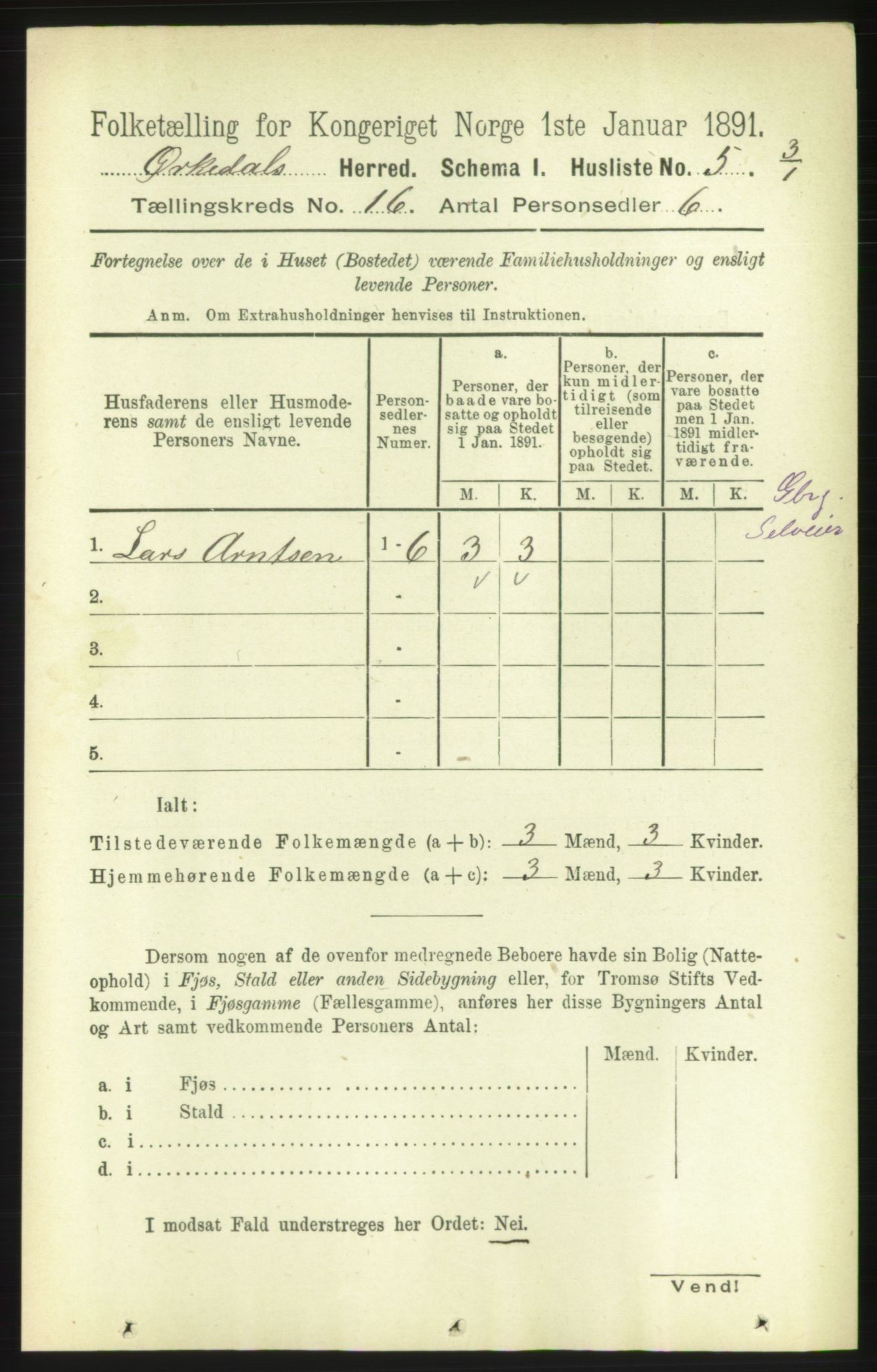 RA, 1891 census for 1638 Orkdal, 1891, p. 7122
