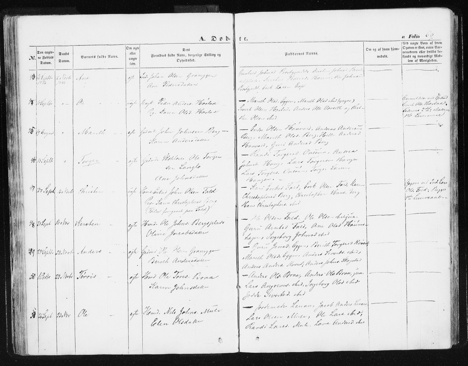 Ministerialprotokoller, klokkerbøker og fødselsregistre - Sør-Trøndelag, SAT/A-1456/612/L0376: Parish register (official) no. 612A08, 1846-1859, p. 69