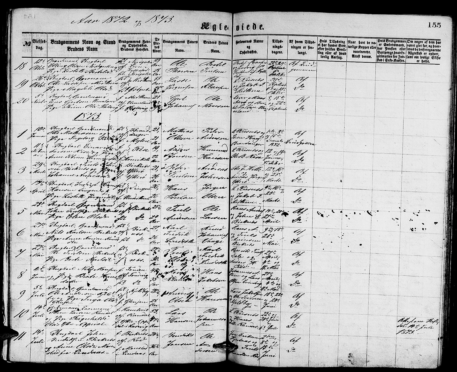 Gulen sokneprestembete, AV/SAB-A-80201/H/Hab/Habb/L0002: Parish register (copy) no. B 2, 1867-1883, p. 155