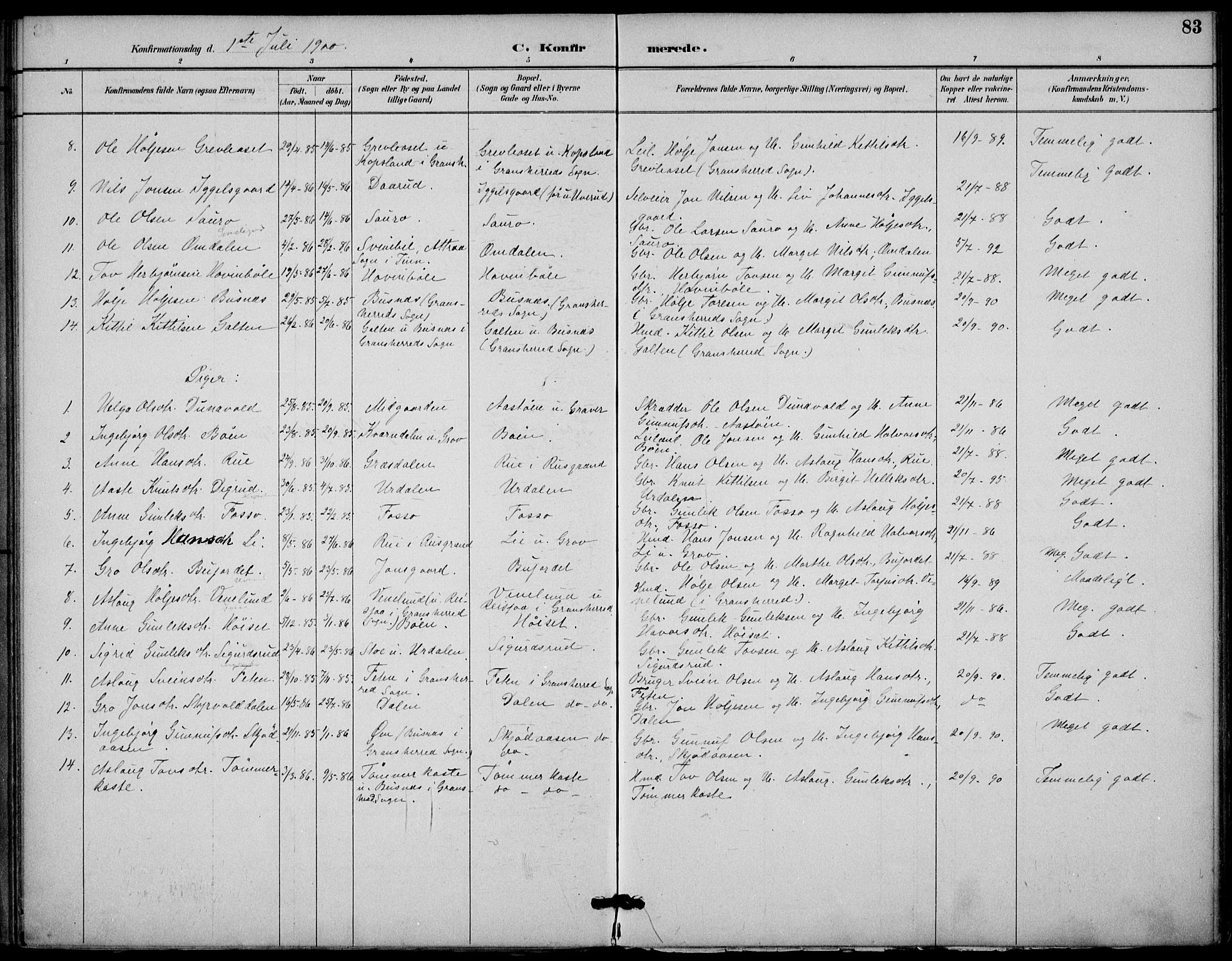 Gransherad kirkebøker, SAKO/A-267/F/Fb/L0005: Parish register (official) no. II 5, 1887-1916, p. 83