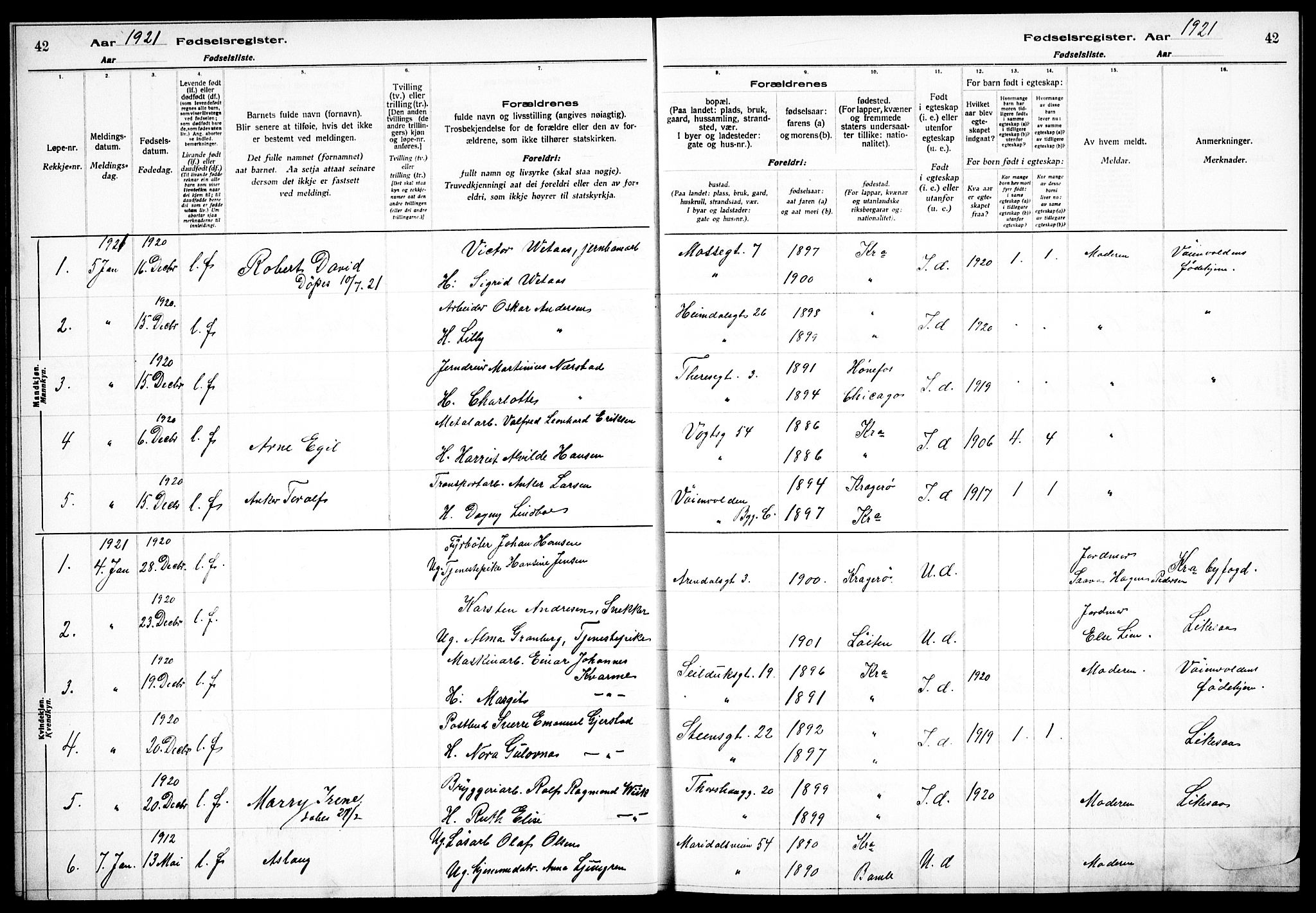 Sagene prestekontor Kirkebøker, AV/SAO-A-10796/J/L0002: Birth register no. 2, 1920-1922, p. 42