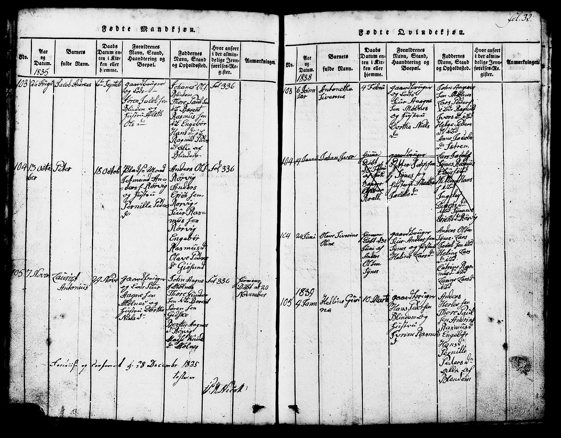 Ministerialprotokoller, klokkerbøker og fødselsregistre - Møre og Romsdal, SAT/A-1454/537/L0520: Parish register (copy) no. 537C01, 1819-1868, p. 32