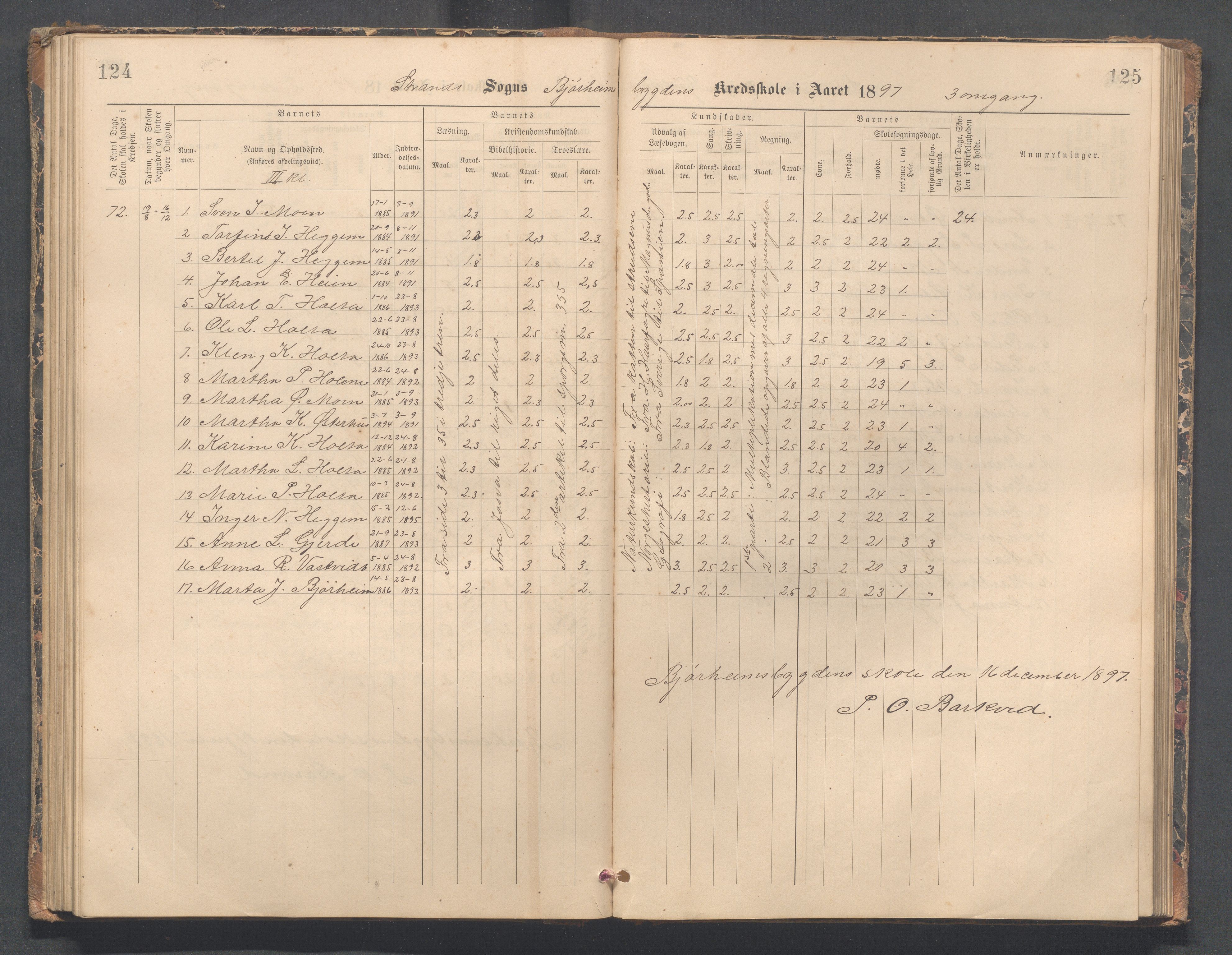 Strand kommune - Bjørheimsbygd skole, IKAR/A-147/H/L0002: Skoleprotokoll for Bjørheimsbygd og Lekvam krets, 1891-1907, p. 124-125