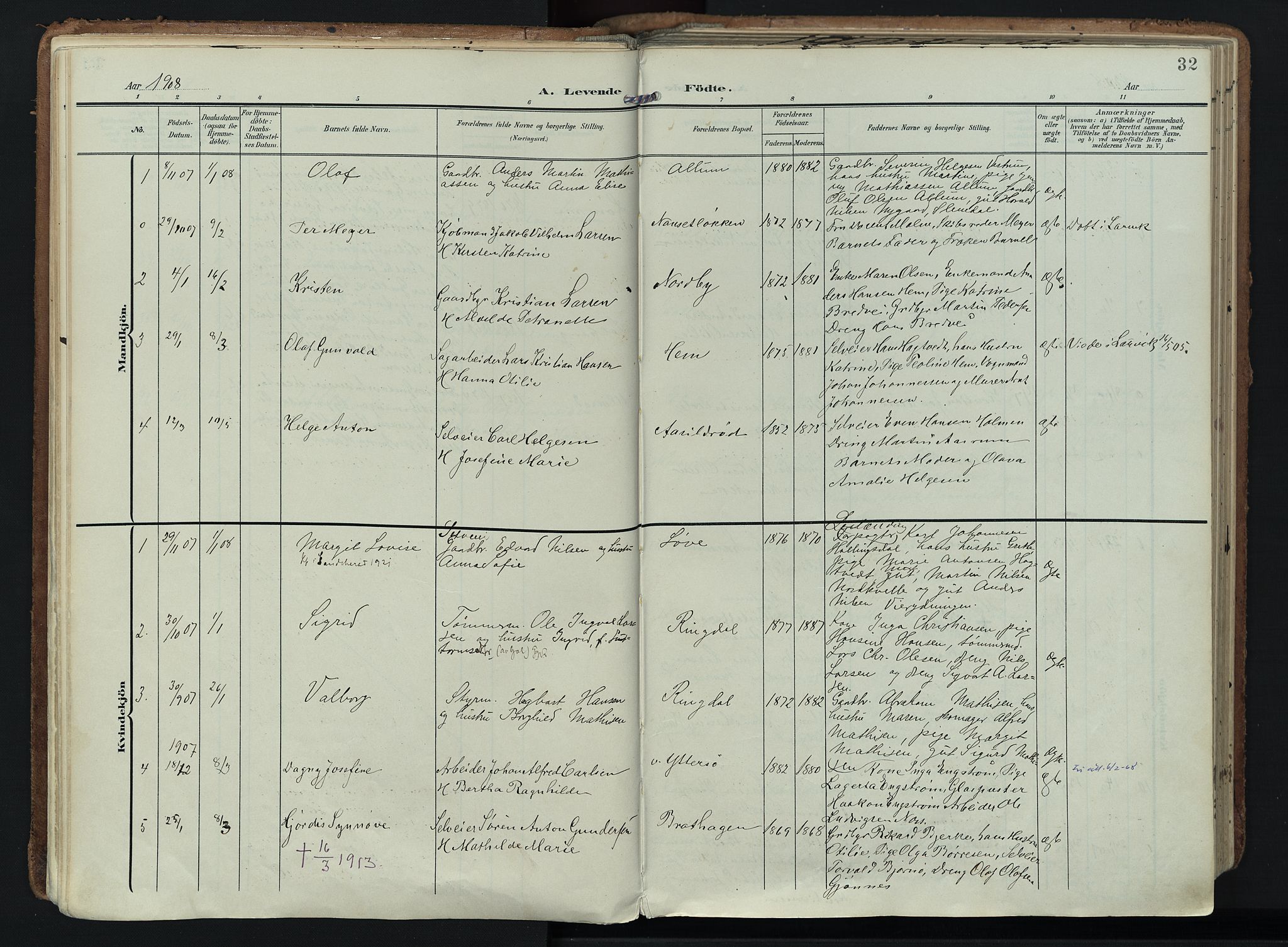 Hedrum kirkebøker, SAKO/A-344/F/Fa/L0010: Parish register (official) no. I 10, 1904-1918, p. 32