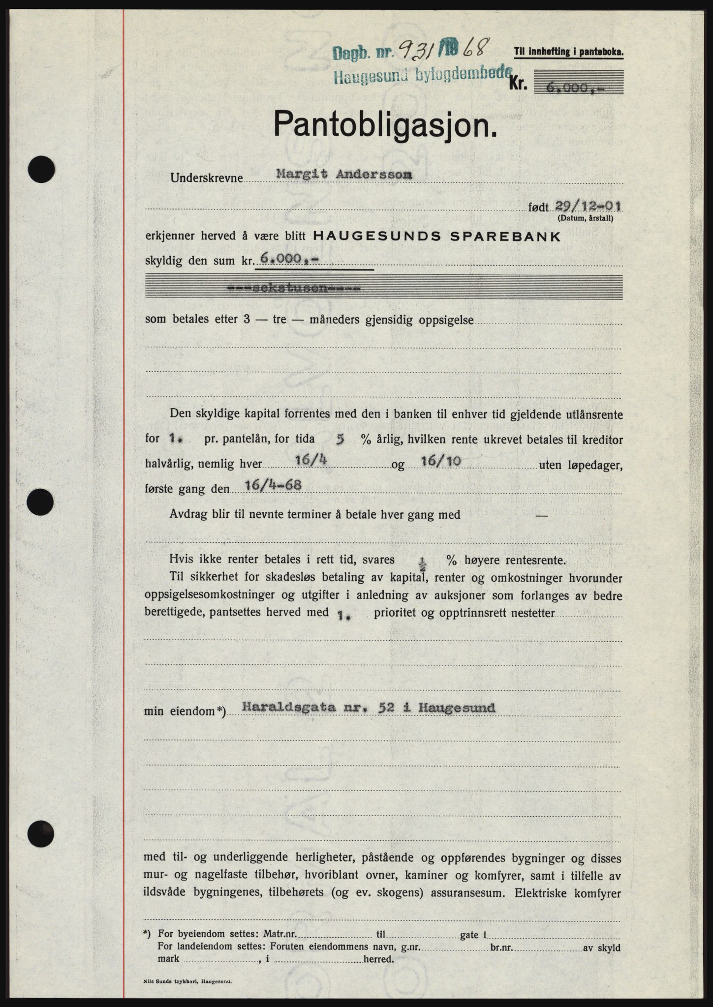 Haugesund tingrett, SAST/A-101415/01/II/IIC/L0058: Mortgage book no. B 58, 1967-1968, Diary no: : 931/1968