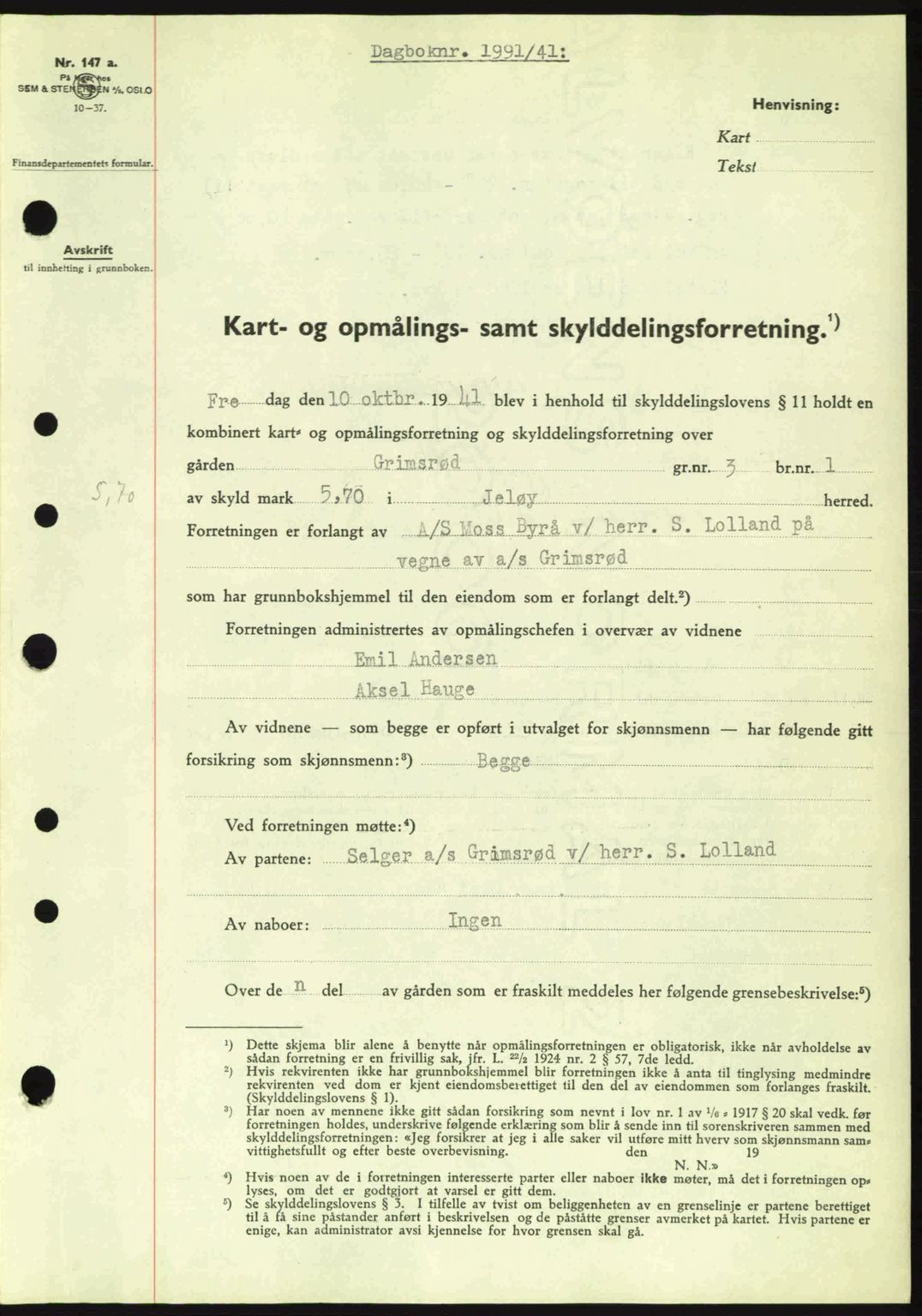 Moss sorenskriveri, SAO/A-10168: Mortgage book no. A9, 1941-1942, Diary no: : 1991/1941