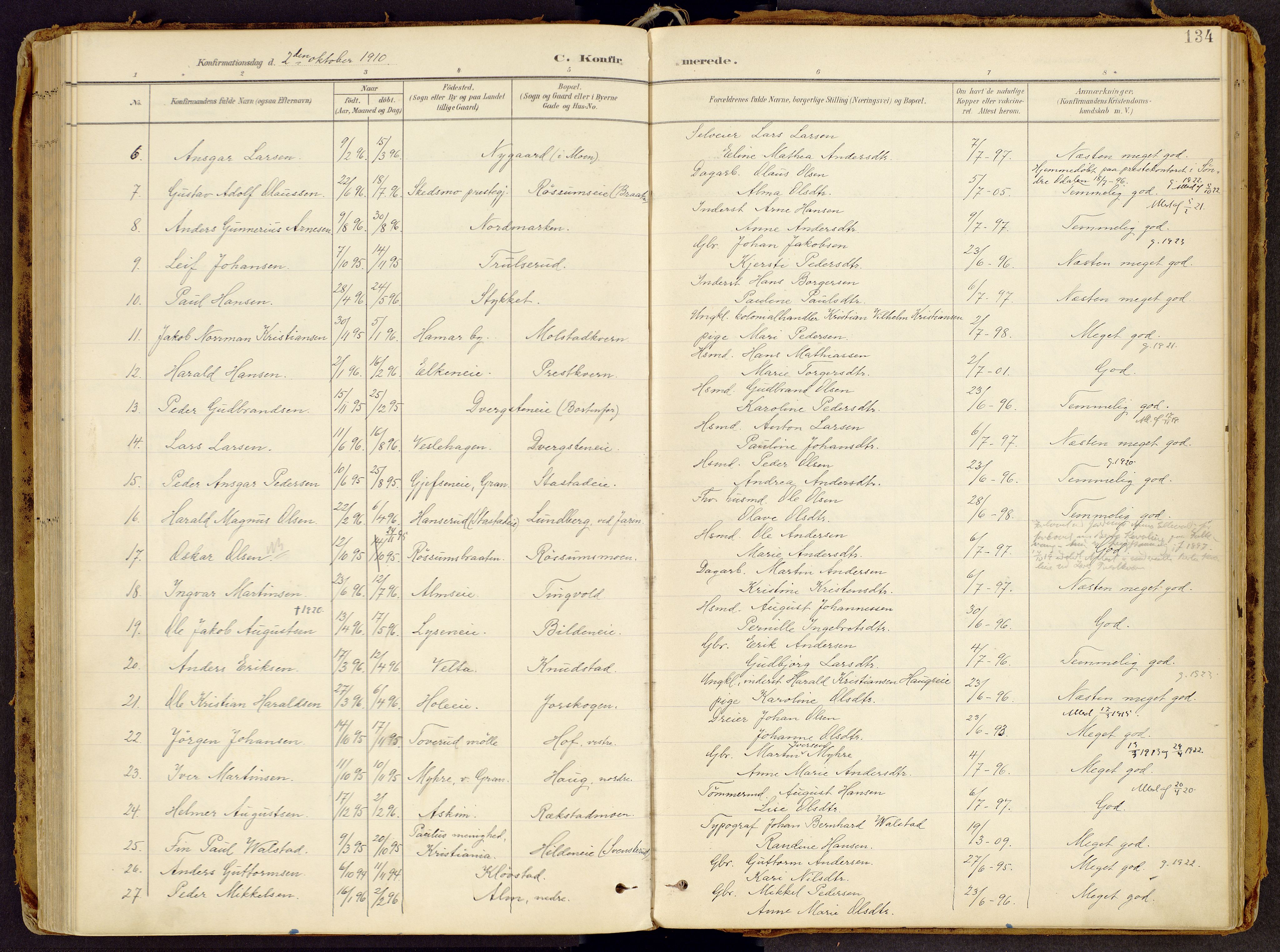 Brandbu prestekontor, SAH/PREST-114/H/Ha/Haa/L0002: Parish register (official) no. 2, 1899-1914, p. 134
