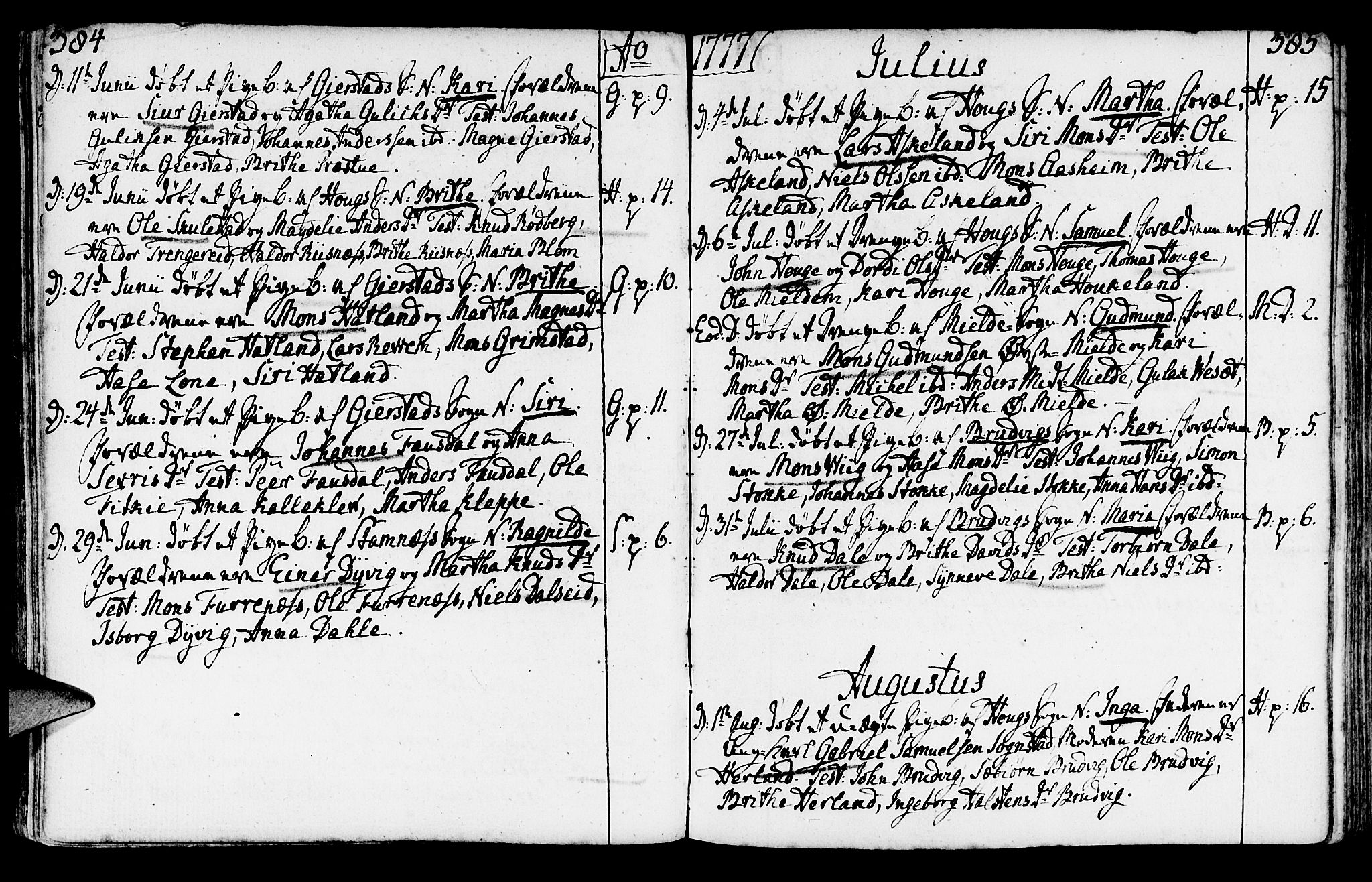 Haus sokneprestembete, AV/SAB-A-75601/H/Haa: Parish register (official) no. A 9, 1767-1781, p. 384-385