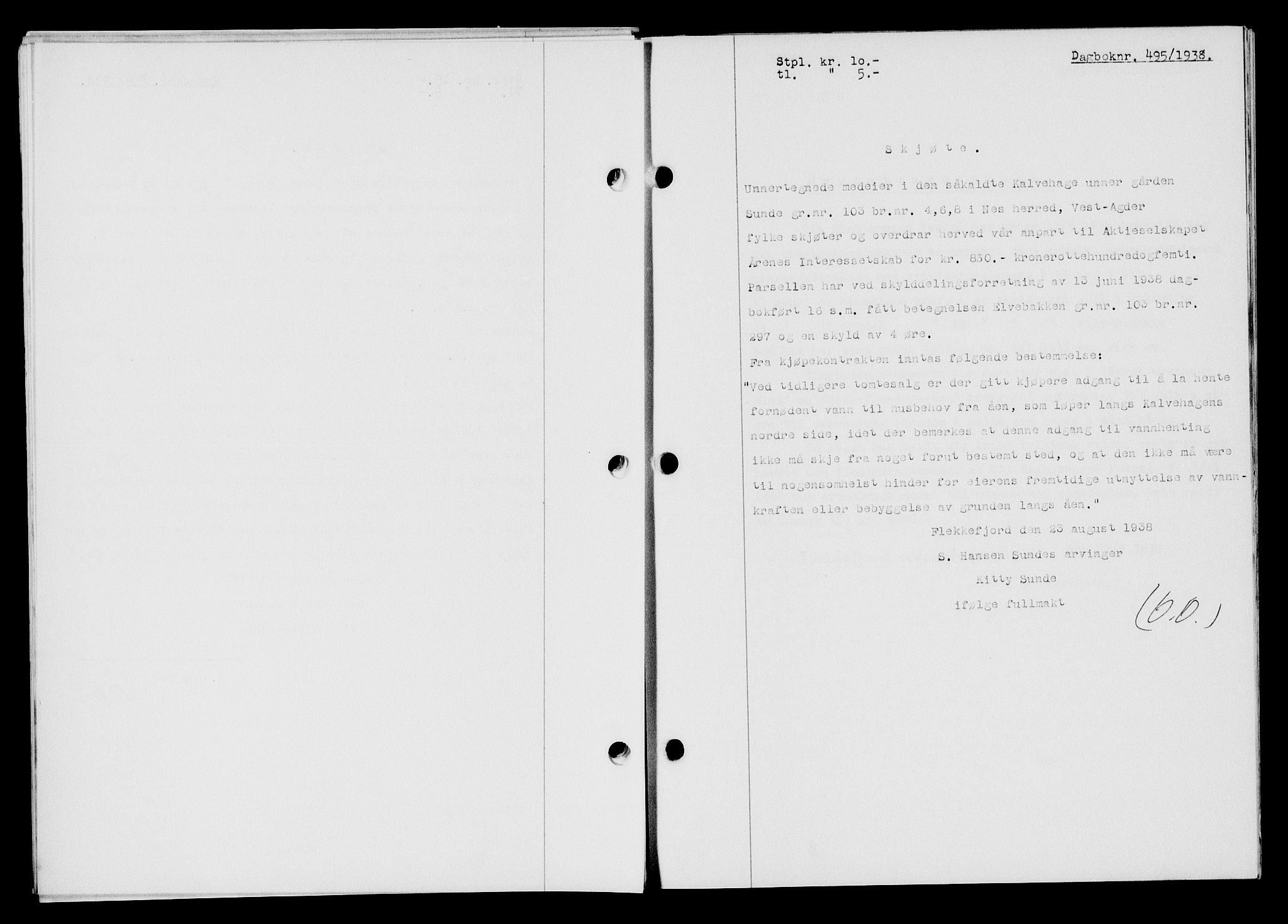 Flekkefjord sorenskriveri, SAK/1221-0001/G/Gb/Gba/L0054: Mortgage book no. A-2, 1937-1938, Diary no: : 495/1938