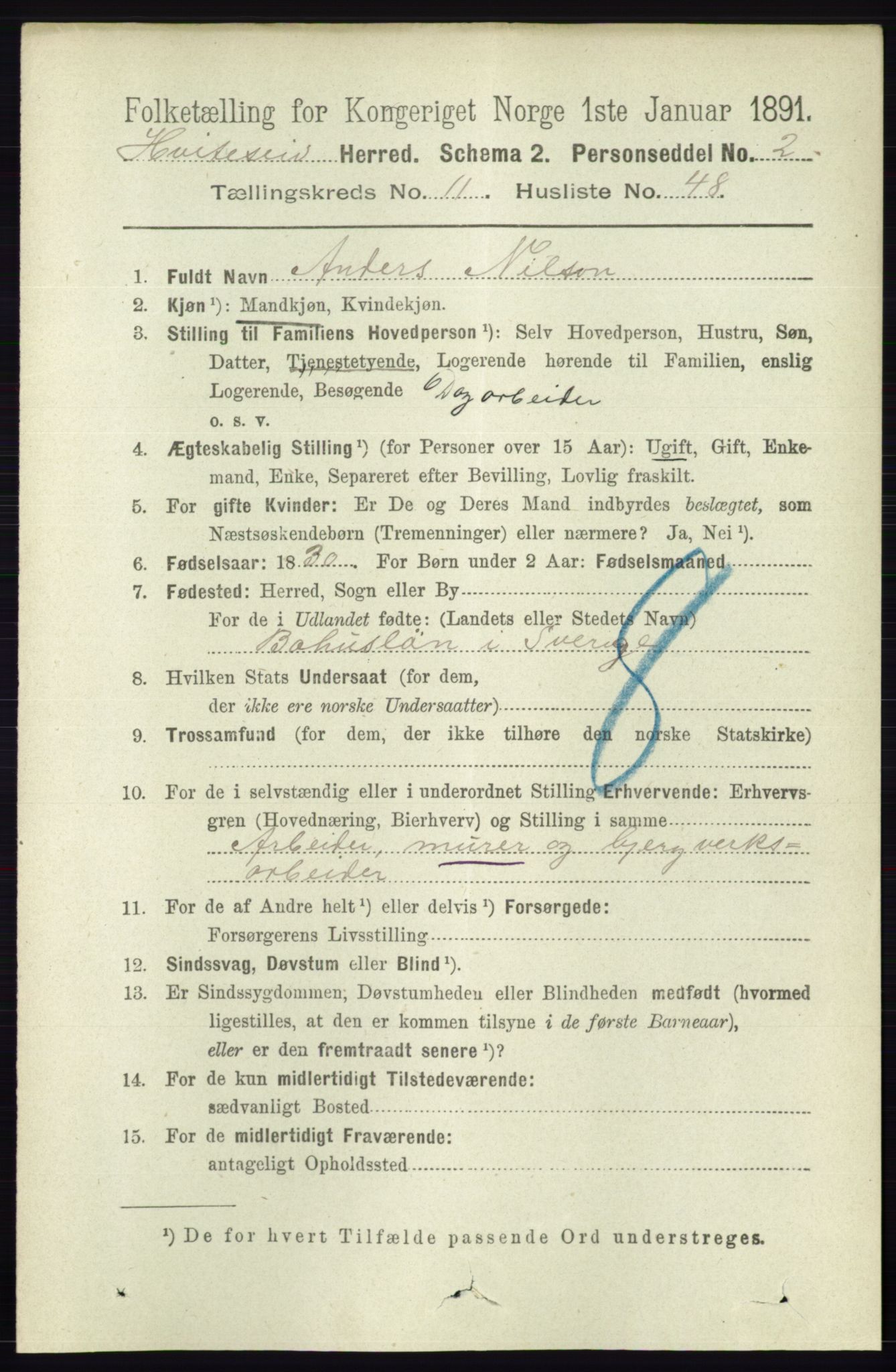 RA, 1891 census for 0829 Kviteseid, 1891, p. 2807