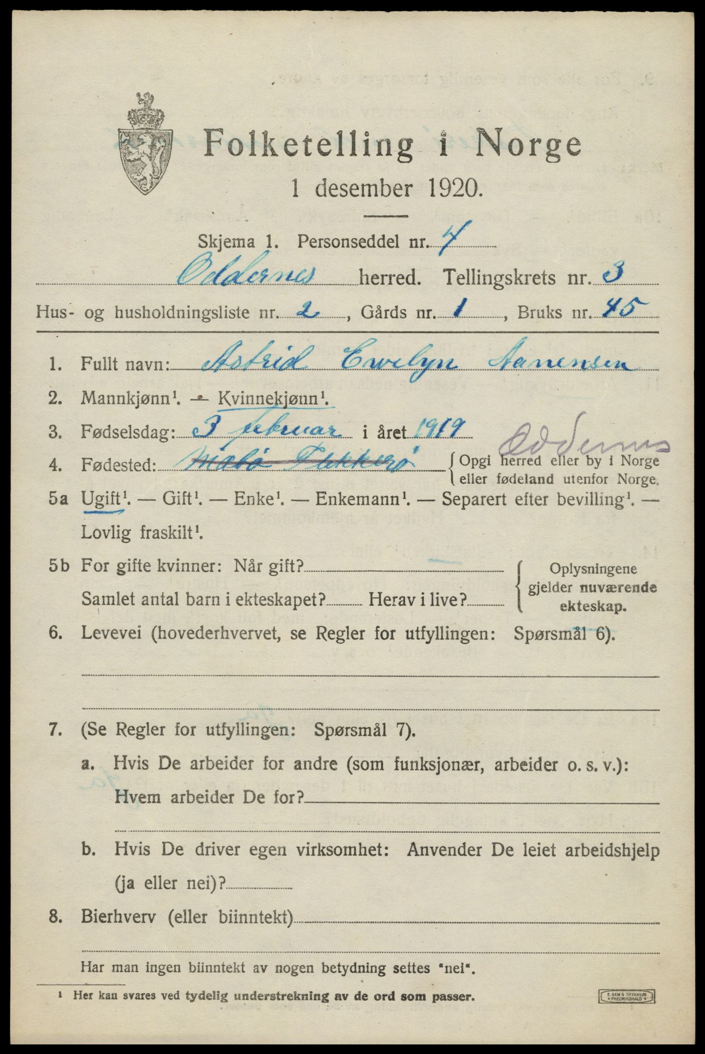 SAK, 1920 census for Oddernes, 1920, p. 3361