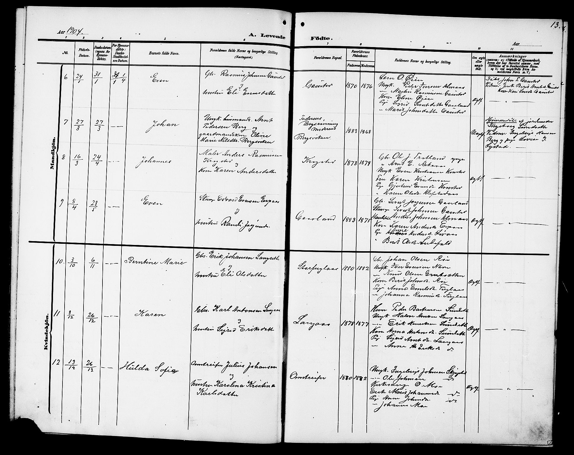 Ministerialprotokoller, klokkerbøker og fødselsregistre - Sør-Trøndelag, AV/SAT-A-1456/694/L1133: Parish register (copy) no. 694C05, 1901-1914, p. 13